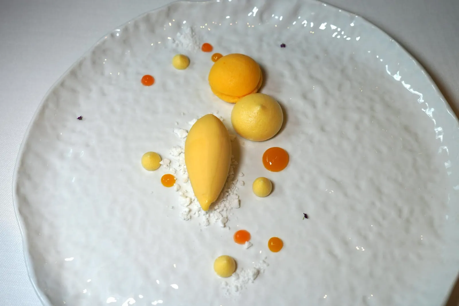 Ginger and passionfruit sorbet with coconut and carrot (31 €) อาหารหวานจานนี้มีอยู่ในเซ็ตเมนูมื้อกลางวันโดยเราได้ขอสลับของหวาน 1 จานเพื่อชิมรสชาติดู องค์ประกอบแรกคือซอร์เบท์ที่มีส่วนผสมของเสาวรสและขิงให้รสชาติเปรี้ยวแซมความอโรม่าของขิง ด้านล่างรองด้วย Coconut Powder สีขาว รอบ ๆ คือเจลทำมาจากส้มและแครอท โดยรวมถือว่าเชฟผสมผสานรสชาติออกมาได้ดี แต่ยังไม่ว้าวนักสำหรับห้องอาหารระดับนี้ (17/20)