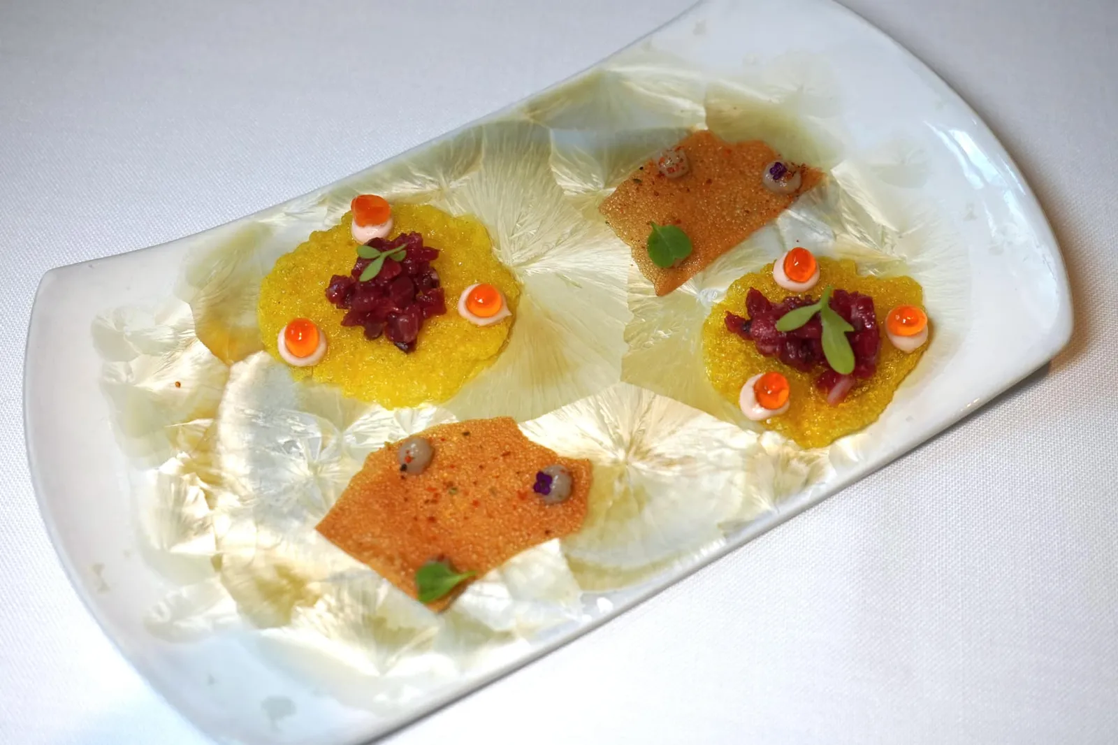 Appetizers ถัดมาคือ Saffron Toast หรือขนมปังเเซฟฟรอนกรอบ ด้านบนทอปด้วย Beef Tartare ที่หั่นมาพอดี เนื้อสัมผัสนุ่มละมุน ยังมีไข่ปลาแซลมอนที่จะแตกออกในปากเวลาเคี้ยวอีกด้วย (20/20) ข้างกันคือ Crisp of Topinambur แผ่นกรอบทำมาจากเยรูซาเร็มอาติโชค ทอปด้วยพูเรทำมาจากเยรูซาเร็มอาติโชคเช่นกัน จากนั้นโรยด้านบนด้วย Chili Powder หรือผงพริกไทยท้องถิ่นส่งกลิ่นหอมขึ้นจมูก (20/20)