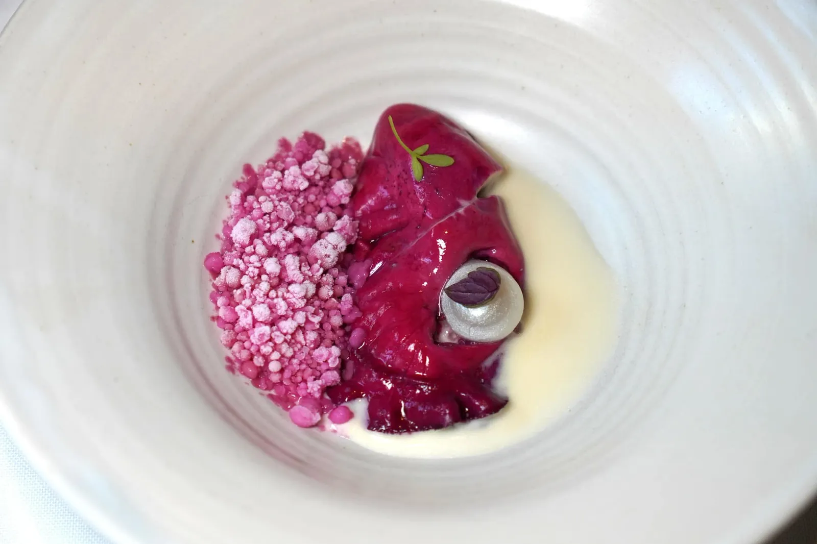 Pickled oyster with hibiscus, white garlic and purple shiso granita เมนูแรกของคอร์สหลักเป็นหอยนางรมที่ผ่านการดองกับดอกชบาจนมีสีชมพูสดใสทั้งยังช่วยเบรคกลิ่นเฉพาะตัวของหอยนางรมไม่ให้เด่นชัดจนเกินไป องค์ประกอบด้านบนคือ White Garlic Pearl หรือไข่มุกทำมาจากกระเทียมขาว ฝั่งซ้ายคือกรานิต้าทำมาจากชิโสะม่วงช่วยเรียกความสดชื่นให้กับจาน ฝั่งขวาคือ Ajoblanco หรือซุปเย็นที่ทำมาจากกระเทียมขาวส่งกลิ่นหอมขึ้นจมูกทั้งยังเชื่อมเนื้อสัมผัสของแต่ละองค์ประกอบเข้าด้วยกัน (20/20)
