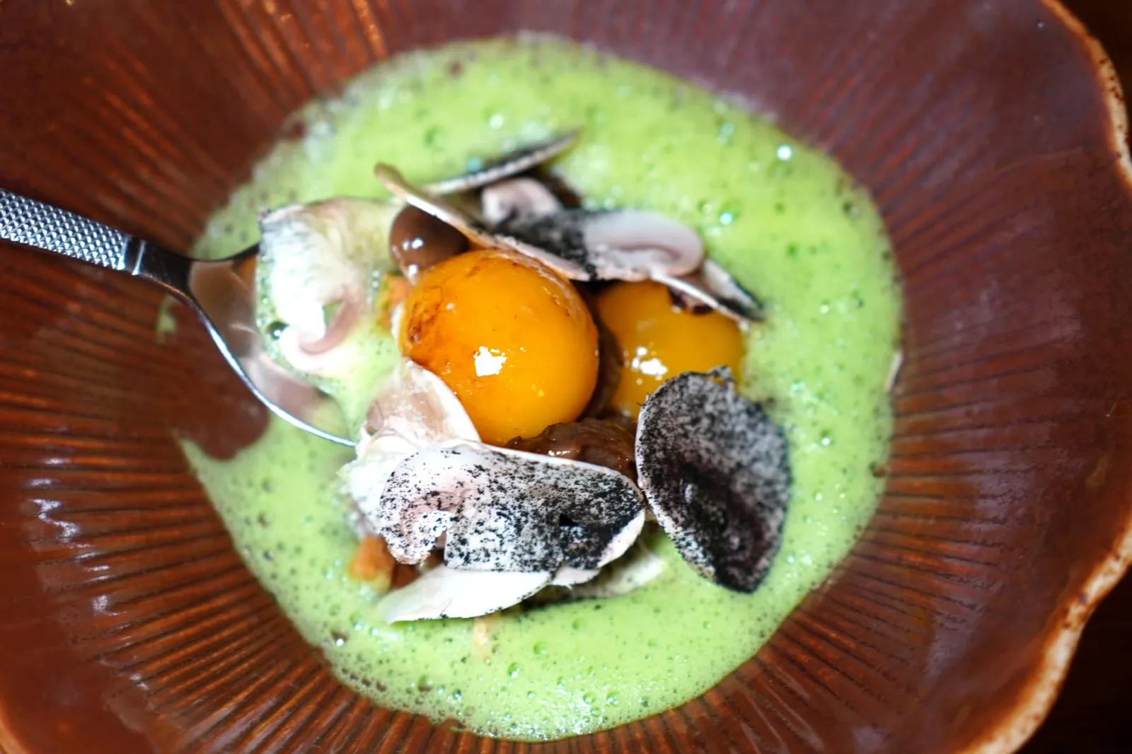 Egg Yolk / Wild Garlic / Morels แกงเขียวหวานแม้สีสันจะดูสดใสแต่ต้องยอมรับว่าเมื่อตักชิมแล้วมีกลิ่นอายของแกงเขียวหวานอย่างไทยอยู่ไม่น้อย ไข่แดงกงฟีให้เนื้อสัมผัสที่เคี้ยวหนึบและครีมมี่ เห็ดต่าง ๆ ให้เนื้อสัมผัสความนุ่มที่แตกต่างกันรวมไปถึงข้าวพองและครูตองก็ทำหน้าที่เพิ่มความกรอบอย่างมีมิติให้กับจานได้อย่างพอเหมาะ จุดสังเกตเดียวคือการที่ใส่ไข่แดงกงฟีมาถึง 2 ฟองอาจทำให้บางคนรู้สึกหนักไปบ้างสำหรับอาหารคอร์สที่ 2 นั่นเอง (15/20)