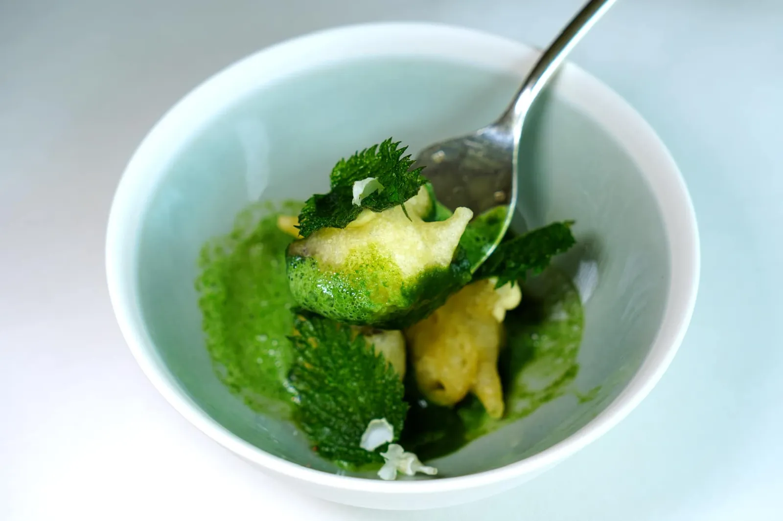Snails soup with nettle ด้านบนท็อปด้วย Nettle crisp กรอบ ๆ ช่วยเพิ่มมิติทางเนื้อสัมผัสที่ดี (17/20)