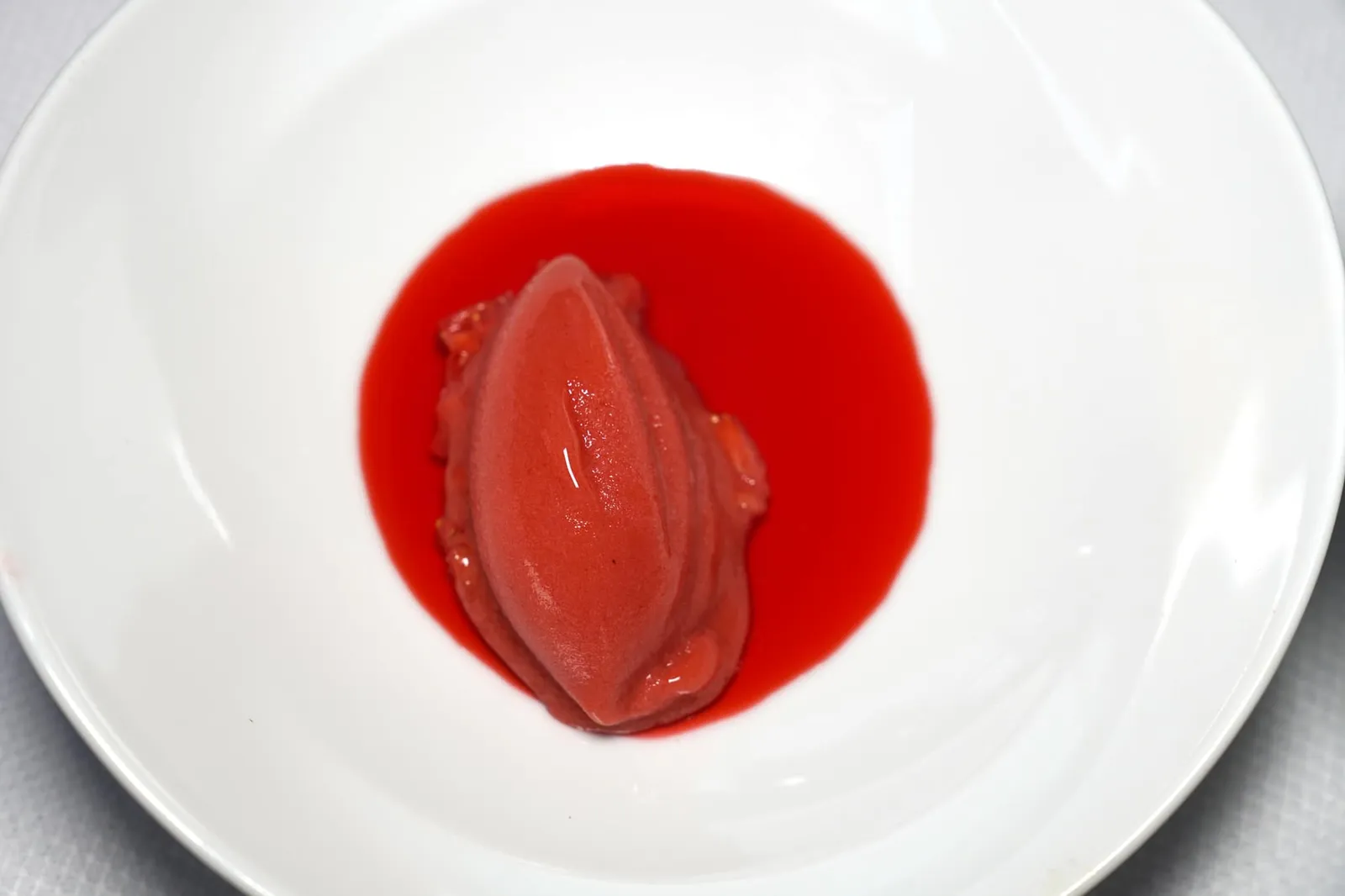 STRAWBERRY DESSERT Structures of strawberry ในจานแรกคือ Strawberry jelly นุ่ม ๆ ท็อปด้วย Strawberry salad และ Strawberry ice cream (17/20)