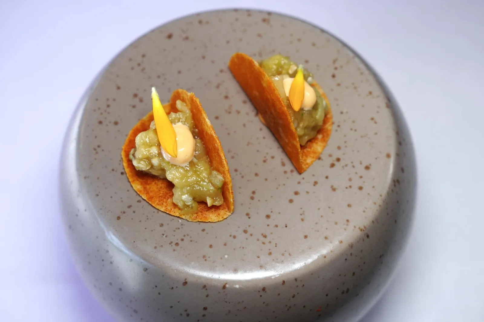 BITES & AMUSES เริ่มต้นด้วย Amuse bouches อย่างแรกคือ Taco ขนาดจิ๋ว แป้งบางกรอบ ภายในบรรจุมะเขือหอม ๆ และ Red pepper cream ส่งกลิ่นหอมขึ้นจมูก (15/20)