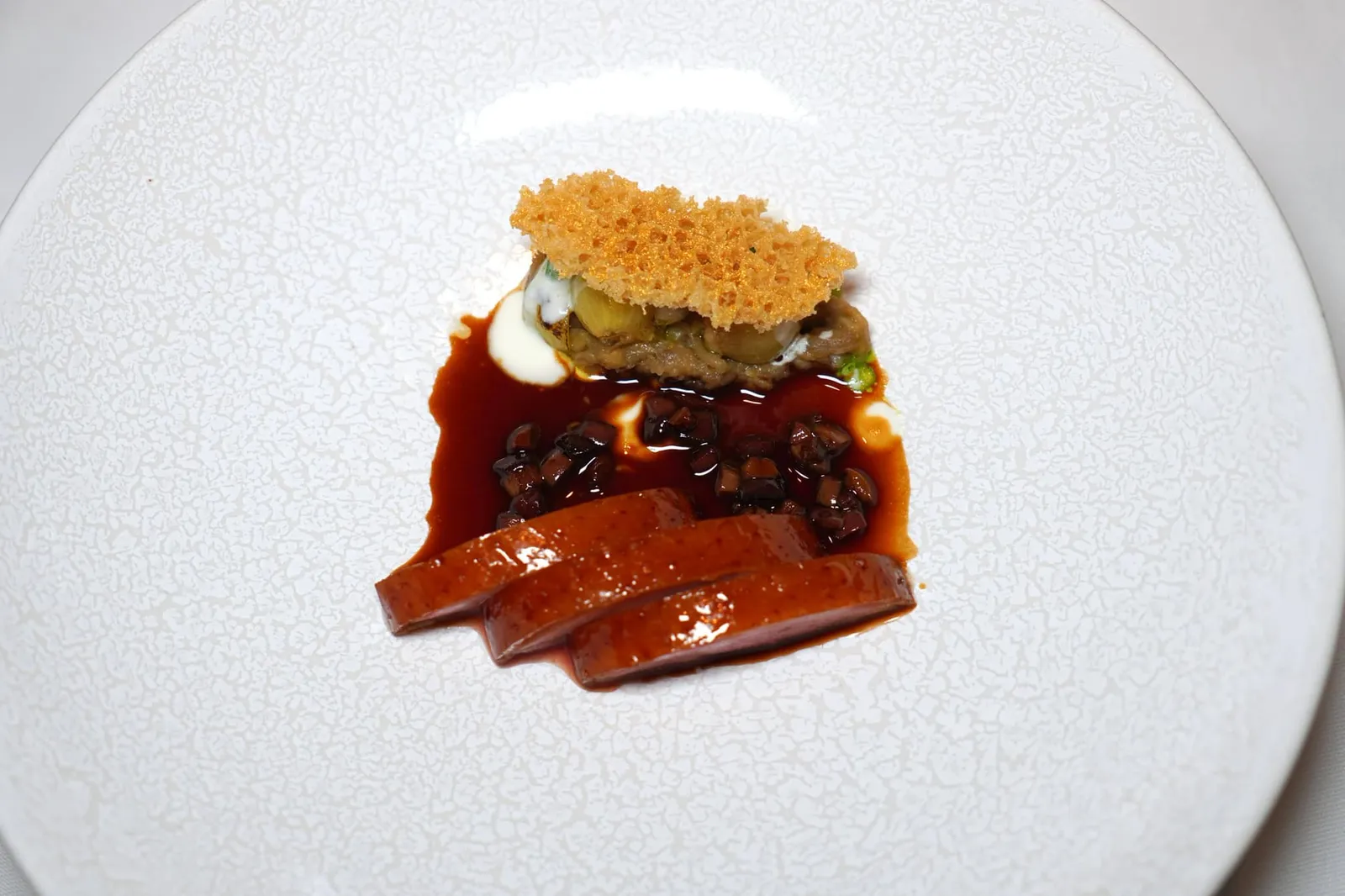 Duck Eggplant, Tulip Bulb, Pomegranate, Black Olive สำหรับเซ็ตเมนูปกติลูกค้าสามารถเลือก Main Course ได้ 2 ชนิดเริ่มจากจานแรกที่ไม่ต้องบอกก็ทราบได้ทันทีว่ามีแรงบันดาลใจมาจากเป็ดย่างฮ่องกง เชฟเลือกใช้เป็ด Challans Duck นำไปผ่านกระบวนการ Dry Aging กับ Secret Spices Mixed ด้วยตัวเองนาน 2 อาทิตย์เพื่อให้เนื้อเป็ดมีรสชาติที่เข้มข้น จากนั้นเสิร์ฟมาแบบหนังกรอบแบบที่เราคุ้นเคยกัน (19/20)
