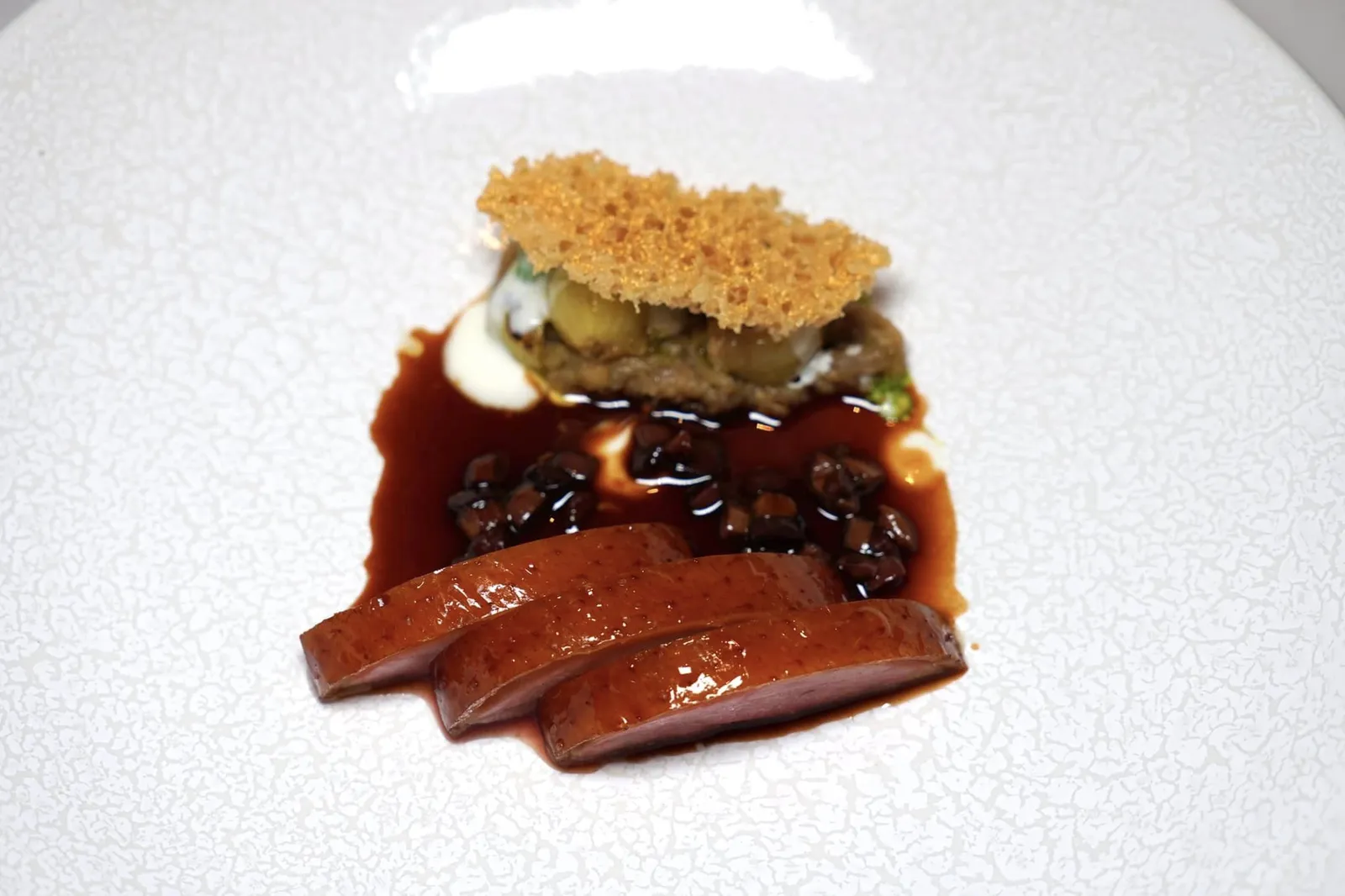 Duck Eggplant, Tulip Bulb, Pomegranate, Black Olive องค์ประกอบฝั่งบนสุดของจานคือ Pickled ต่าง ๆ มีทั้งหน่อทิวลิปและมะเขือเผา องค์ประกอบด้านบนคืออีกหนึ่งไฮไลท์ของจานอย่างหนังเป็ดฟูกรอบที่เคี้ยวเพลินมาก ๆ จากนั้นพนักงานจะเทราดซอสที่ได้จากการ Reduction โดยเคี่ยวทับทิมและมะกอกดำจนได้รสชาติที่เข้มข้นให้รสชาติเช่นเดียวกันกับซอสสไตล์ฮ่องกงรสเลิศนั่นเอง (19/20)