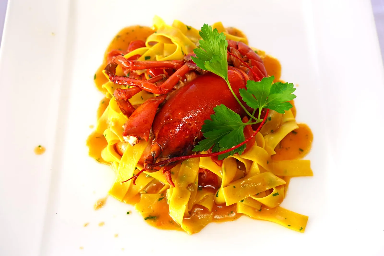 Pappardelle from Gragnano with a half sautéed Tyrrhenian lobster in a cherry tomato sauce (30 €) พาสต้าเส้น Pappardelle จากเมืองผลิตพาสต้าที่ดีที่สุดในภูมิภาค Campania อย่าง Gragnano เสิร์ฟมาคู่กับล็อบสเตอร์จากทะเล Tyrrhenian โดยที่เนื้อล็อบสเตอร์ยังคงมีความฉ่ำหวาน ส่วนซอสสีแดงรอบ ๆ เตรียมมาจาก Cherry Tomato สุดคลาสสิค (14/20)