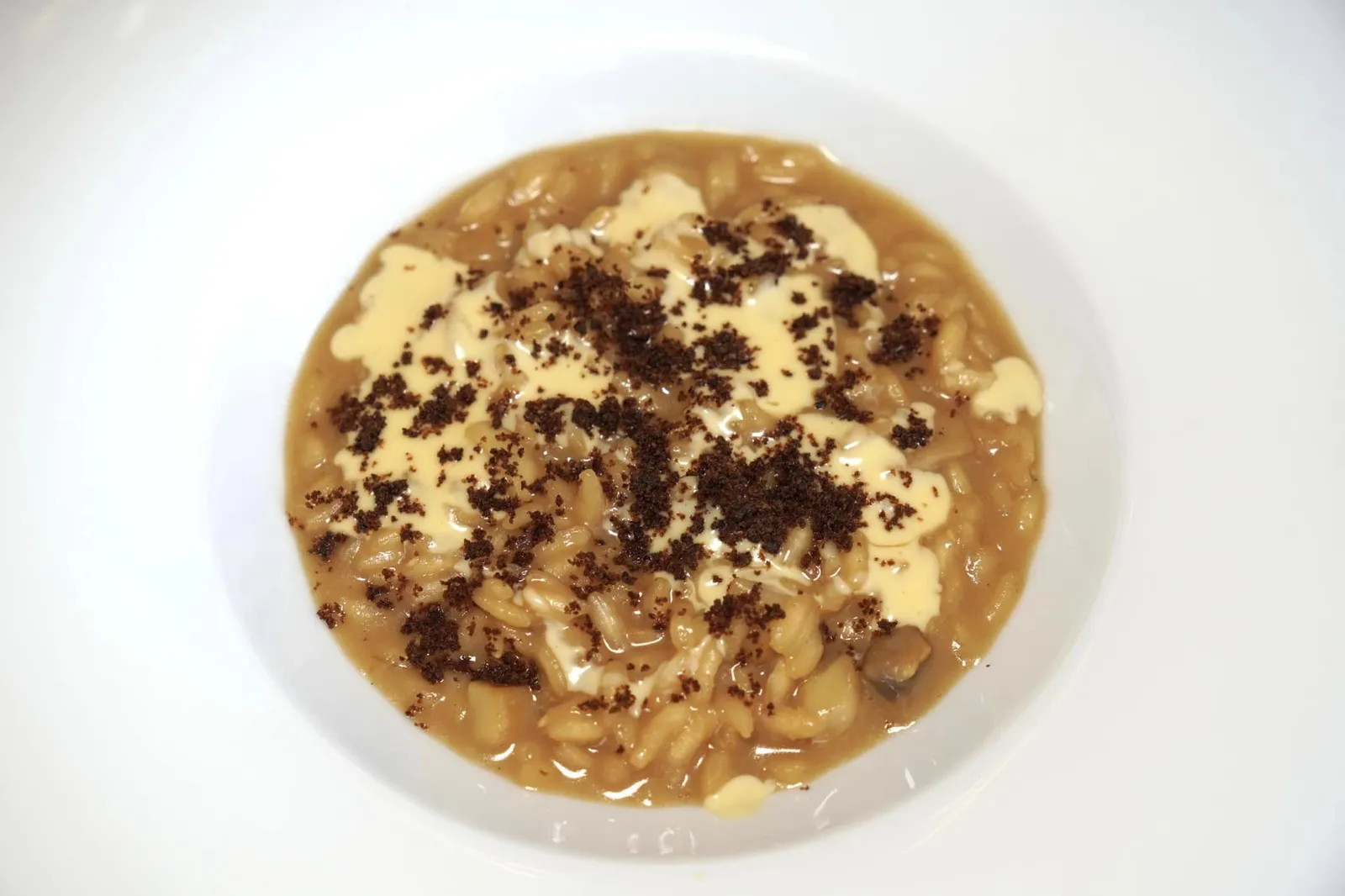 Mushroom Risotto - Fermented Shiitake Mushrooms, Fermented Mushroom Powder รีซอตโต้เห็ดจานนี้ได้จากการผสมผสานเห็ด 3 ชนิดเข้าด้วยกันเริ่มจากเลเยอร์ชั้นล่างให้สีน้ำตาลอ่อนจาก Champignon หรือเห็ดกระดุม น้ำซอสรอบ ๆ เตรียมมาจาก Shiitake หรือเห็ดหอมดอง สุดท้ายคือผงเห็ดด้านบนเตรียมมาจาก Cardoncello ซึ่งเป็นเห็ดท้องถิ่นของประเทศอิตาลีที่จัดในกลุ่มเดียวกันกับเห็ด Eryngii ที่เราคุ้นเคยกันดีนั่นเอง (16/20)
