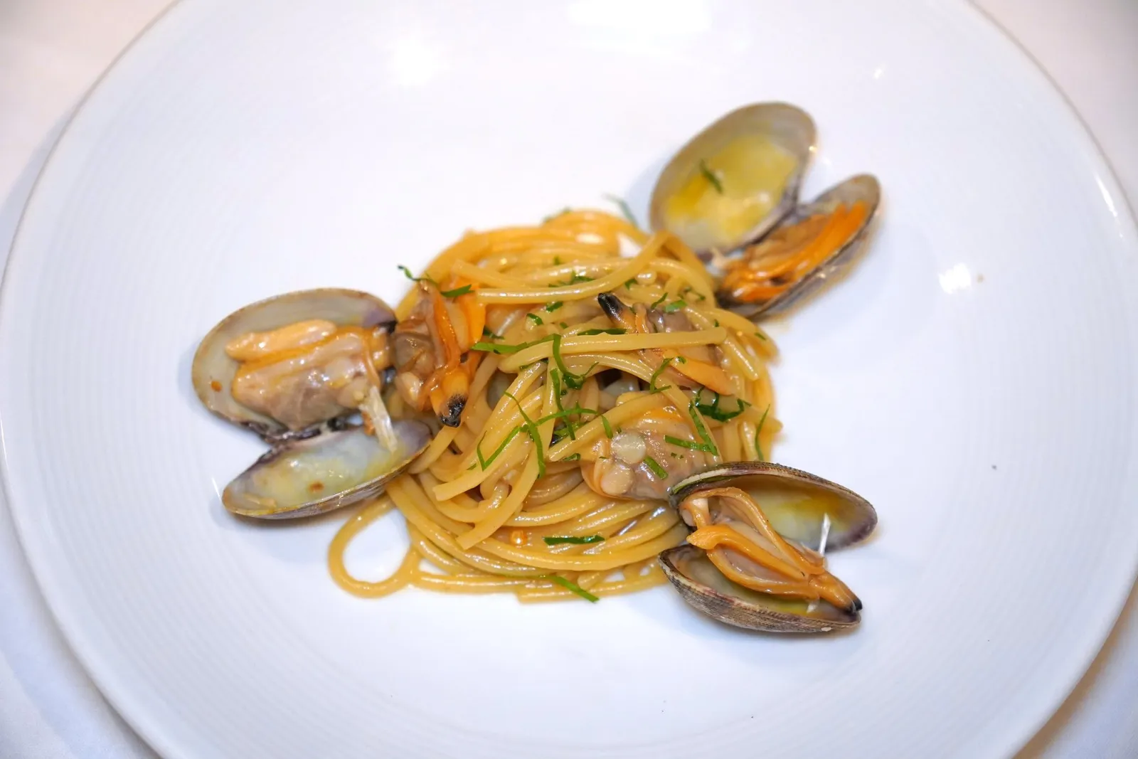 SPAGHETTI VONGOLESpaghetti, Sautéed Clams, Fresh Parsley,Extra Virgin Olive Oilพาสต้าเส้นสปาเก็ตตี้ผัดกับน้ำมันมะกอกเอ็กซ์ตร้าเวอร์จินและหอยลายให้อโรมาของท้องทะเล จากนั้นใส่ใบพาสลีย์ลงไปด้วย