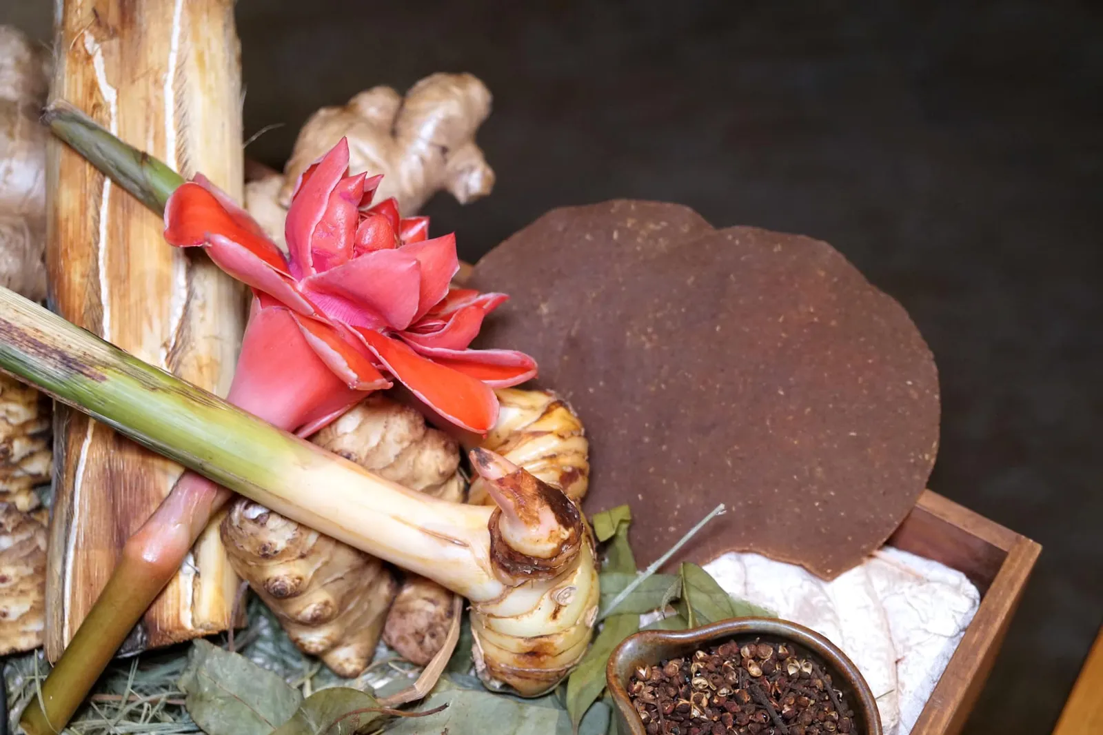 Chef's first trip to Surat Thani River prawn and fermented soy bean วัตถุดิบเสริมของจานกุ้งแม่น้ำคือดอกดาหลาและถั่วเน่าที่ได้จากการนำถั่วเหลืองไปหมักกับเชื้อราจนมีกลิ่นและเอกลักษณ์เฉพาะตัว พนักงานเล่าว่าชาวบ้านภาคเหนือนิยมนำไปใส่ในแกงอ่อมทานกัน (16/20)