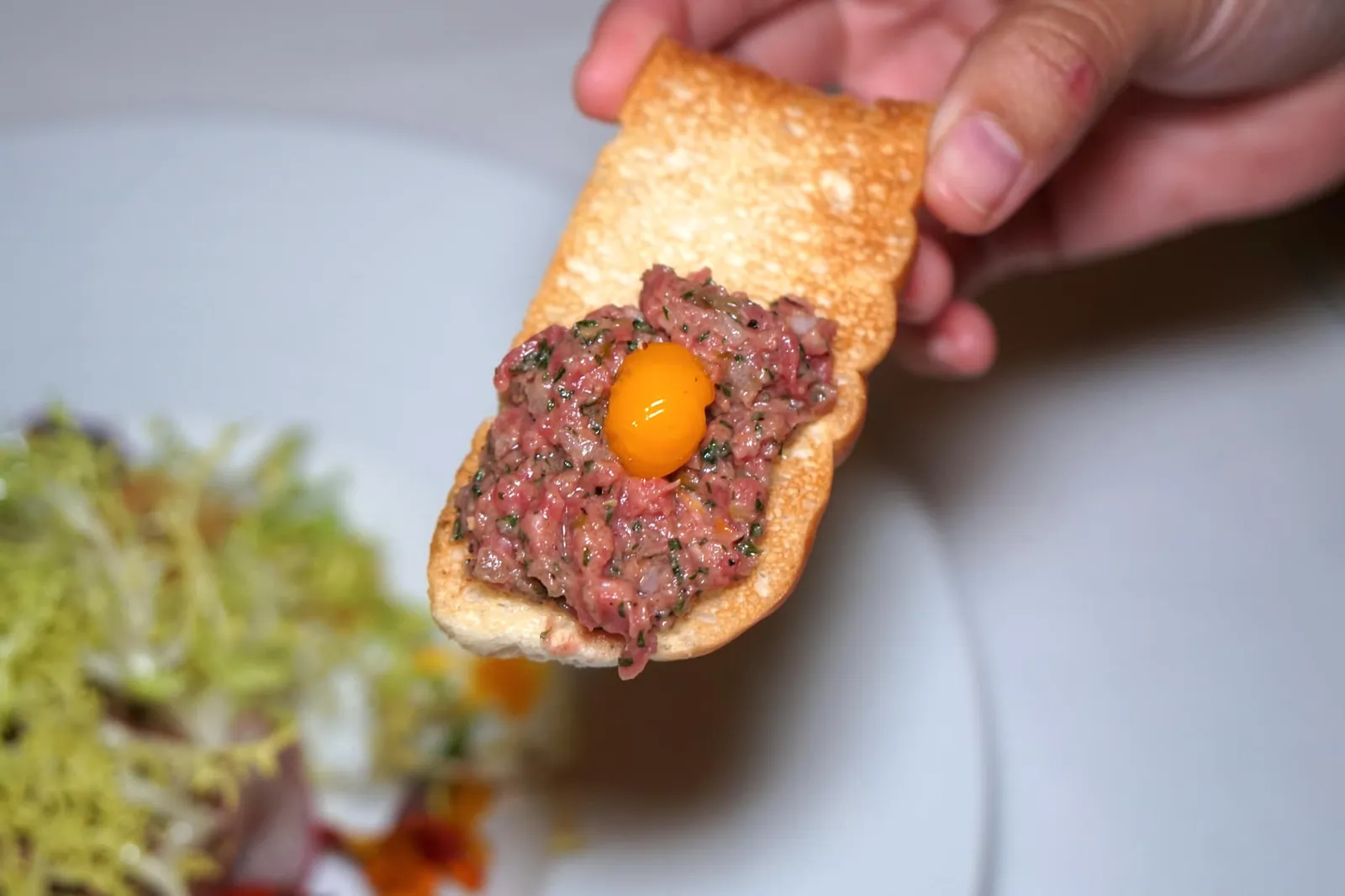 HAND-CHOPPED BEEF TARTARE (750++) Our version of the tartare | Egg yolk | Cornichon | Shallots | Green olives ทาทาร์เนื้อนุ่ม ละเอียด สูตรของทางร้านตั้งใจทำทาทาร์ออกมาให้มีรสอมเปรี้ยวนิดๆจากผักและแตงกวาดองเพื่อตัดความมันไม่ให้ลิ้นคนไทยเลี่ยนได้ง่าย นอกจากนี้ยังมีความหอมมันจากซอสไข่แดง หากทานกับขนมปังก็จะได้ความกรอบเป็นมิติเพิ่มขึ้นมา หรือจะทานกับผักต่างๆก็อร่อยไม่แพ้กัน (14/20)