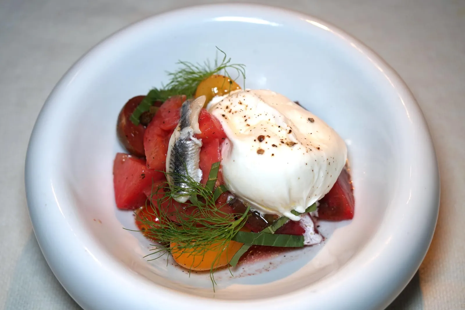 CHIANG RAI TOMATO SALAD (390++) Smoked Burrata / White Anchovy / Dill อีกหนึ่งอาหารทานเล่นที่พนักงานแนะนำให้เราลองชิมดูคือสลัดมะเขือเทศจากจังหวัดเชียงราย เชฟใช้มะเขือเทศหลายชนิดของไทยที่มีรสชาติแบะความฉ่ำน้ำที่แตกต่างกันมาทำเป็นสลัด ด้านบนมีชีสบูราต้ารมควัน มีความนุ่ม มัน และครีมมี่พอประมาณ ตัดรสเค็มด้วยแองโชวี่ขาว แนะนำให้ทานจานนี้ก่อนเพราะจะช่วยกระตุ้นความสดชื่นได้ดีมากๆ (12/20)