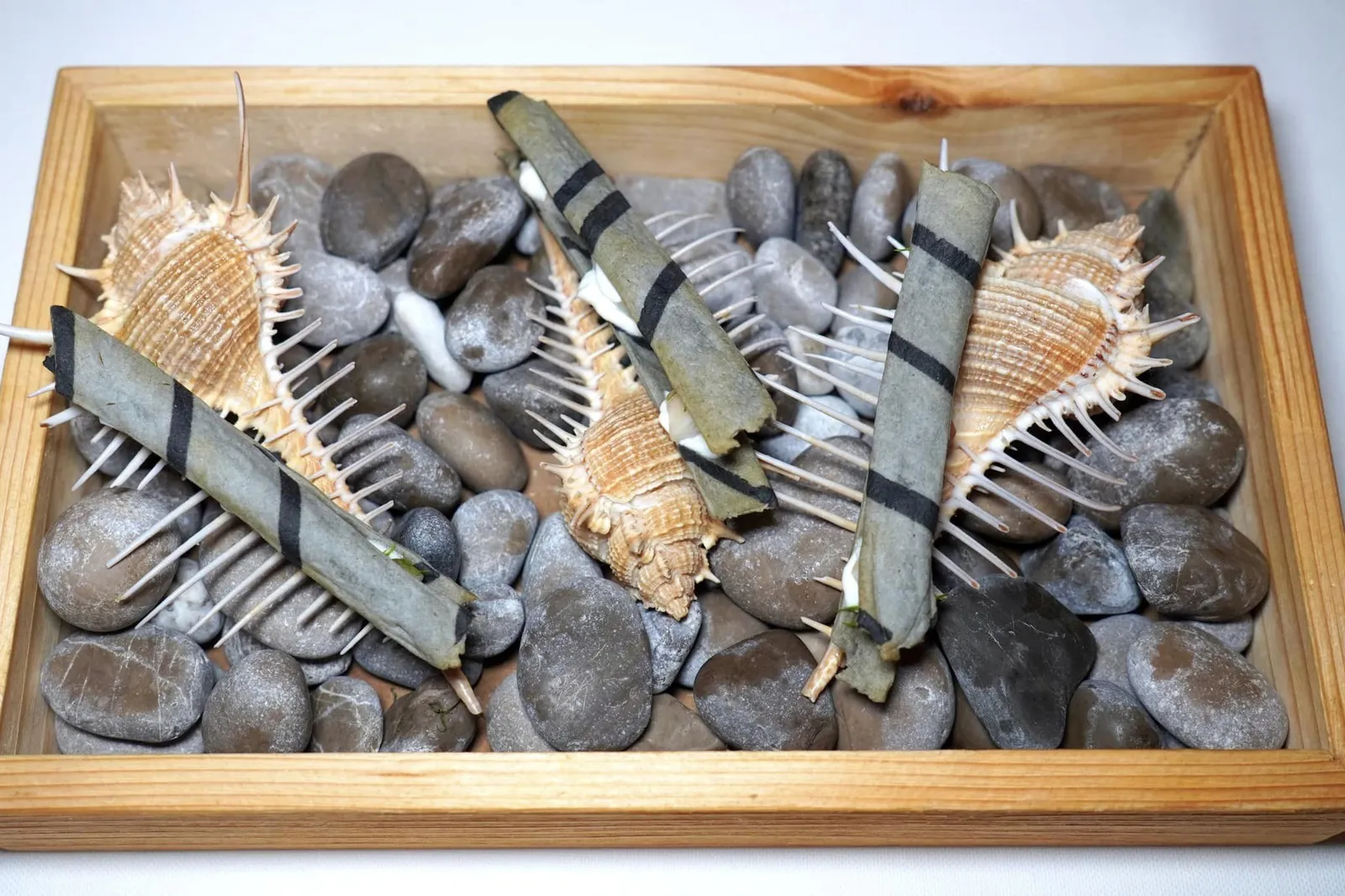 Amuse-bouche Razor Clams หรือหอยหลอด บริเวณชั้นนอกเชฟทำเลียนแบบเปลือกหอย ด้านในบรรจุ Razor Clams Salad หรือสลัดหอยหลอดเคี้ยวหนึบและ Lime Mayonaisse ช่วยกระตุ้นรอมรับรสได้ก่อนเข้าสู่จานหลัก (16/20)