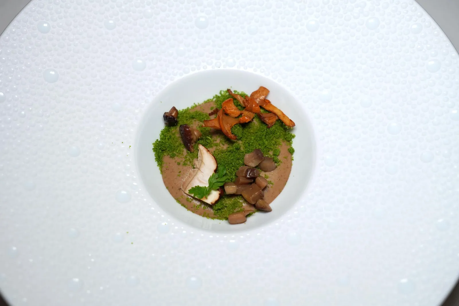 Amuse-bouche ในจานคือองค์ประกอบของเกาลัดหวาน ๆ เสิร์ฟมากับเห็ด Honey Mushrooms (Armillaria) นุ่มหนึบ ด้านล่างรองด้วยองค์ประกอบของฟักทอง ผงสีเขียวด้านบนเตรียมมาจากใบ Bay Leaf (16/20)