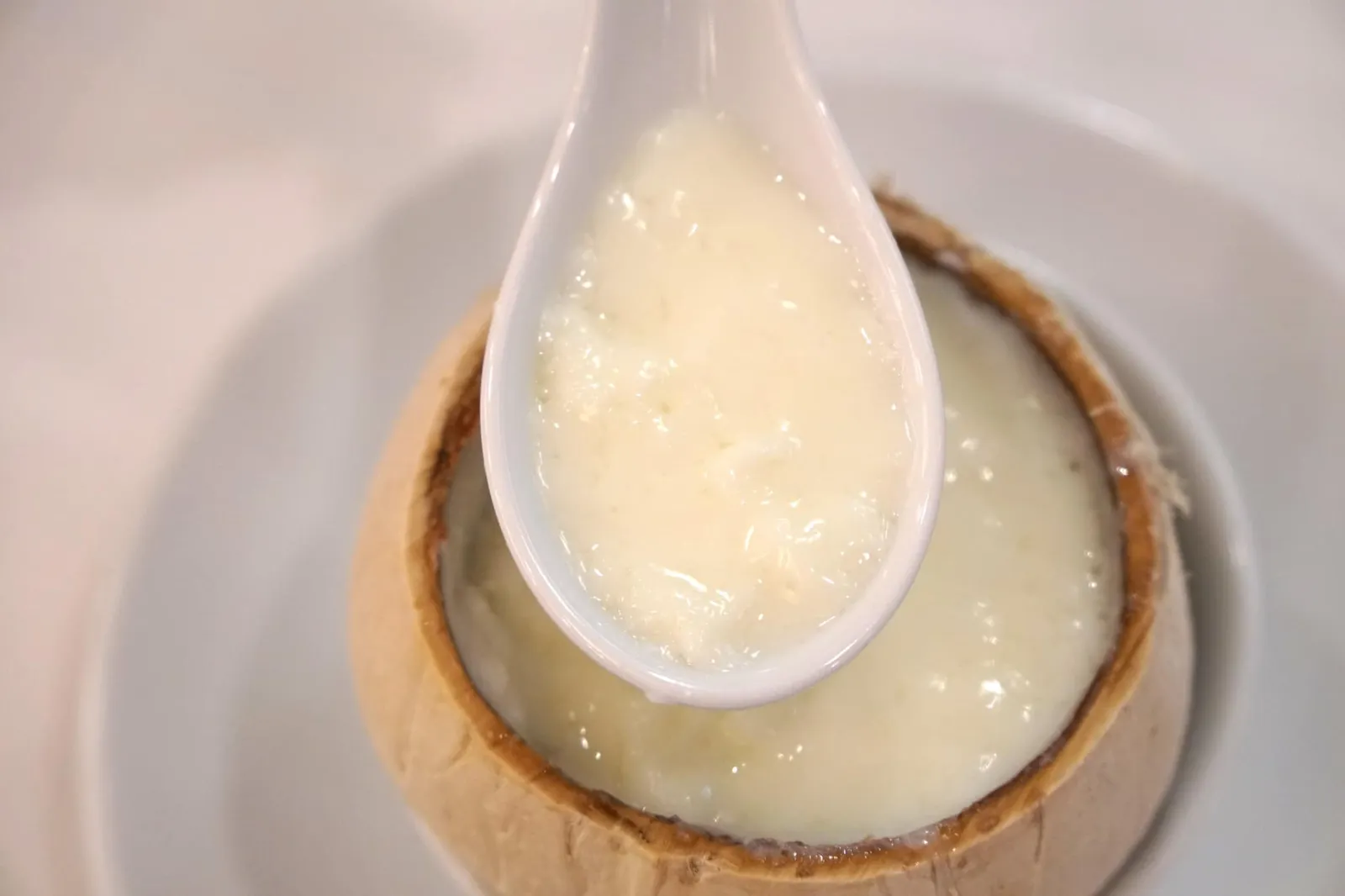 นมสดตุ๋นเห็ดหิมะเสิร์ฟในลูกมะพร้าว (280++) Double-boiled Fresh Milk w/ Snow Fungus in Coconut เเม้ว่าบางคนอาจรู้สึกแปลกที่เชฟใส่เห็ดลงไปในขนม เเต่บอกเลยว่าห้องอาหารจีนชั้นสูงในฮ่องกงนิยมใส่ลงไปแทนรังนกเพราะมีเนื้อสัมผัสใกล้เคียงกัน (14/20)