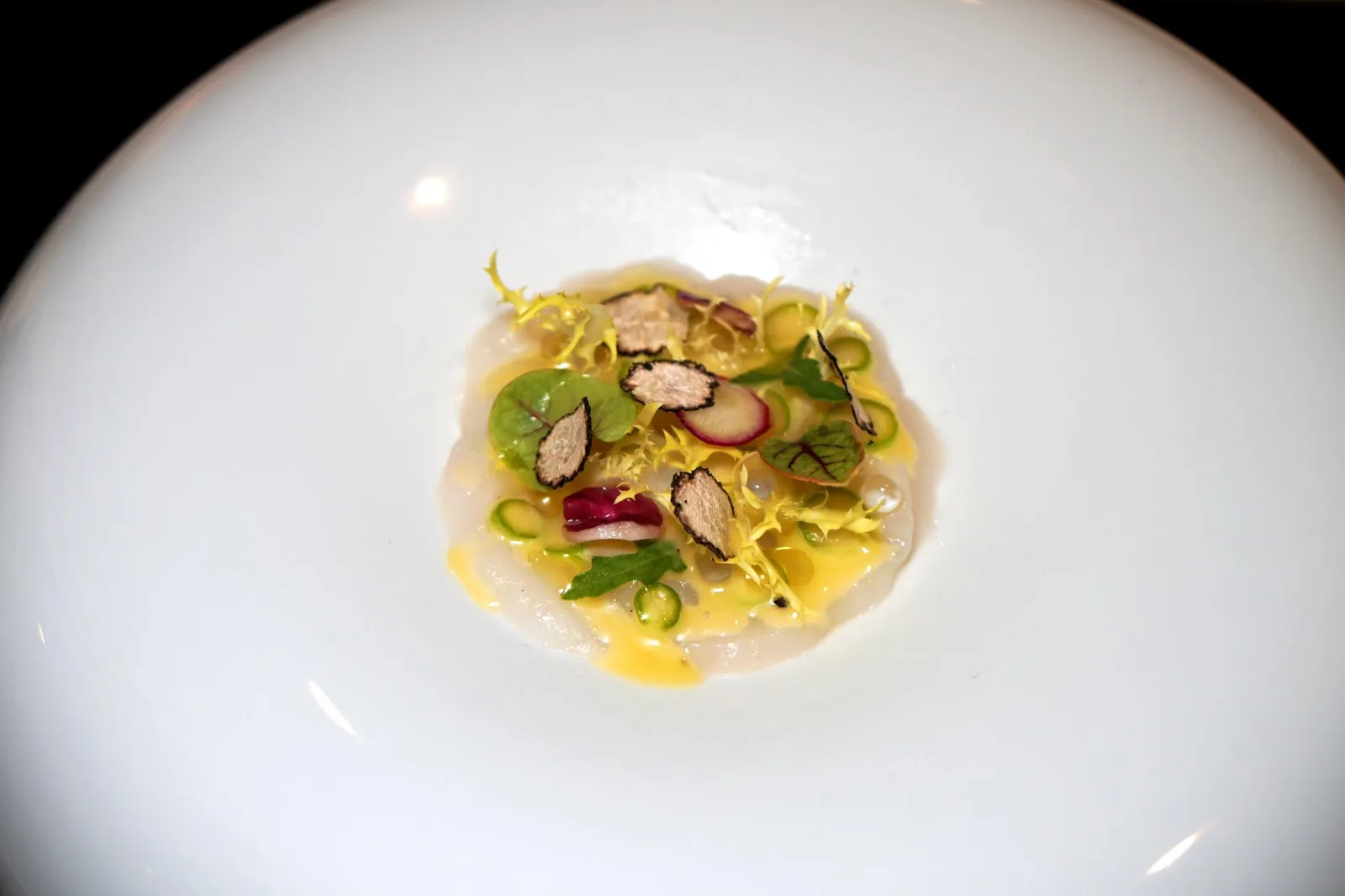 Scallops carpaccio served with black truffle, raw asparagus in olive oil and lemon juice and truffle essence จานนี้คือ Great Scallops หรือ "หอยเชลล์ยักษ์" ชิ้นโตนำเข้าจากอเมริกา เชฟแล่มาเป็นชิ้นบางๆเพื่อนำเสิร์ฟเป็นคาปาซโช่ เนื้อหอยเชลล์หวาน นุ่ม ในเเบบที่ควรจะเป็น เสริมด้วยความกรอบของหน่อไม้ฝรั่ง ทีเด็ดคือการใส่ Lemon sauce เเละ White balsamic caviar ลงไปเพื่อตัดความหวานของเนื้อหอยเชลล์ ซอสเลมอนทำหน้าที่ของตัวเองได้ดีมากๆจนเราแอบรู้สึกว่าใส่มาน้อยไปหน่อยเทียบกับปริมาณของหอยเชลล์ มีน้ำมันมะกอกเป็นตัวเชื่อมเนื้อสัมผัสเเละรสชาติ ด้านบนคือ Italian Summer black truffle ช่วยเพิ่มกลิ่นหอมให้เด่นขึ้นมา (14/20)