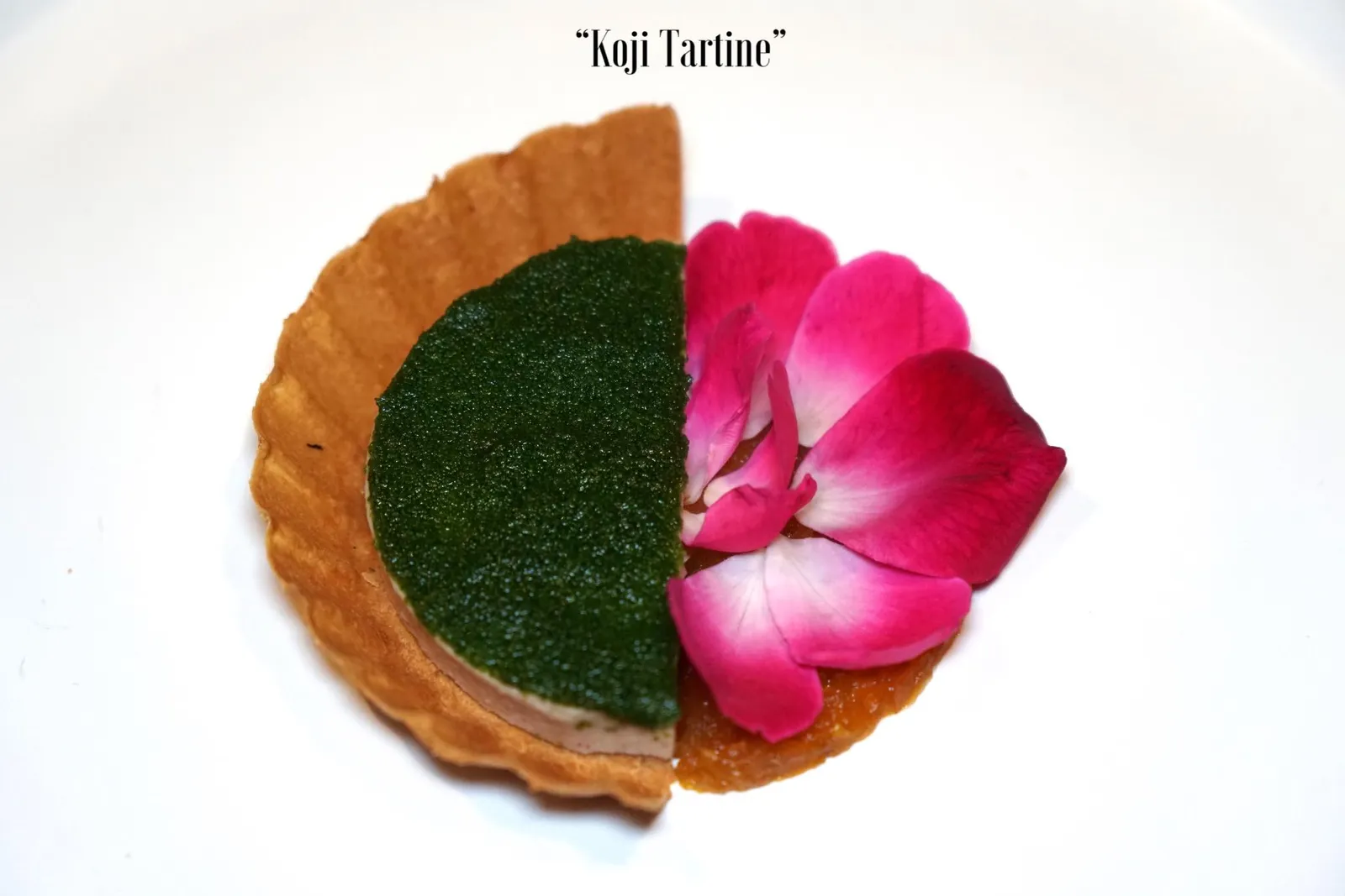 KOJI TARTINE เมนูที่หน้าตาสวยงามที่สุดในมื้อนี้คือทาร์ทีนหรือโอเพ่นเเซนวิชทรงครึ่งวงกลม ชั้นนอกคือแป้งทาร์ตกรอบทำมาจาก “โคจิ” หรือราขาวญี่ปุ่นที่เชฟนำไปหมักกับข้าวบาเลย์แล้วจึงขึ้นรูปเป็นทาร์ต ด้านในเป็นมูสที่ได้จากการนำปลานวลจันทร์ไปทำเป็นปลาส้ม ทอปด้านบนด้วยไข่ผำ สาหร่ายน้ำจืดที่มักจะเติบโตในแหล่งน้ำสะอาดเท่านั้น ส่วนองค์ประกอบฝั่งขวาคือแยมมะเฟืองหมักทอปด้านบนด้วยกลีบดอกกุหลาบที่ทางร้านปลูกเองในสวนข้างร้าน (14/20)