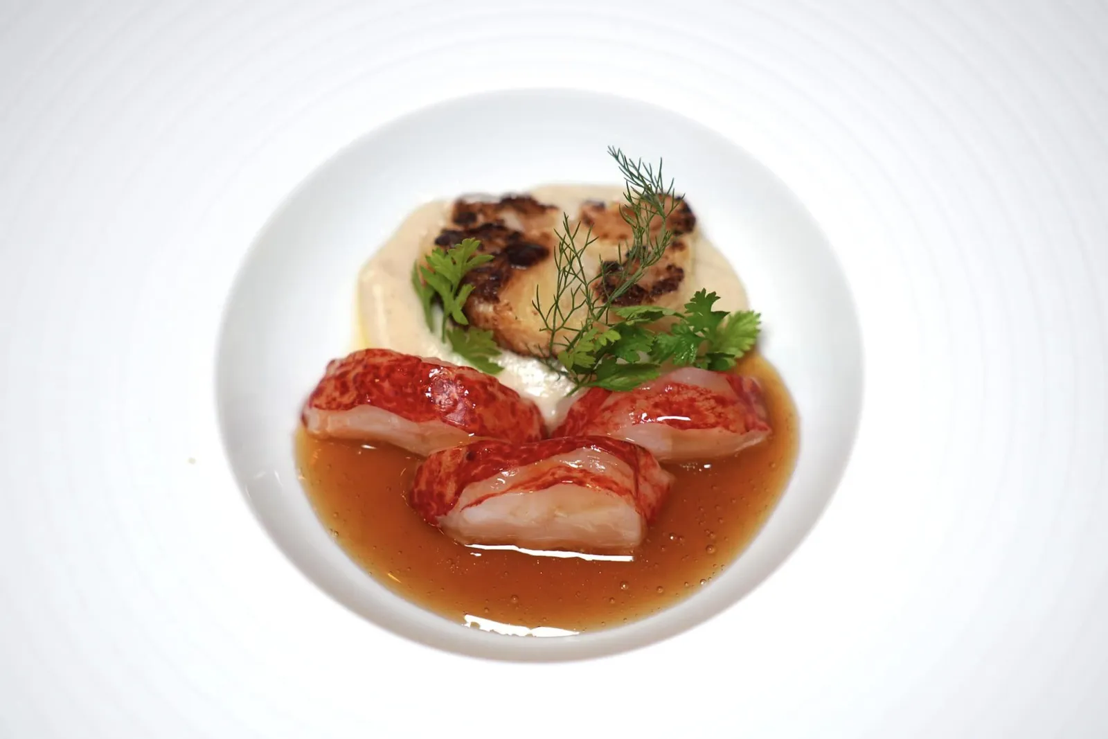 Lobster and cauliflower กุ้งล็อบสเตอร์เนื้อนุ่มหวานเสิร์ฟมากับซอสที่ขึ้นจากน้ำสต๊อกปลา ข้างหลังคือองค์ประกอบของกะหล่ำดอกทั้งในรูปแบบกะหล่ำดอกย่างและซอสกะหล่ำดอกเนื้อเนียนละมุน (17/20)