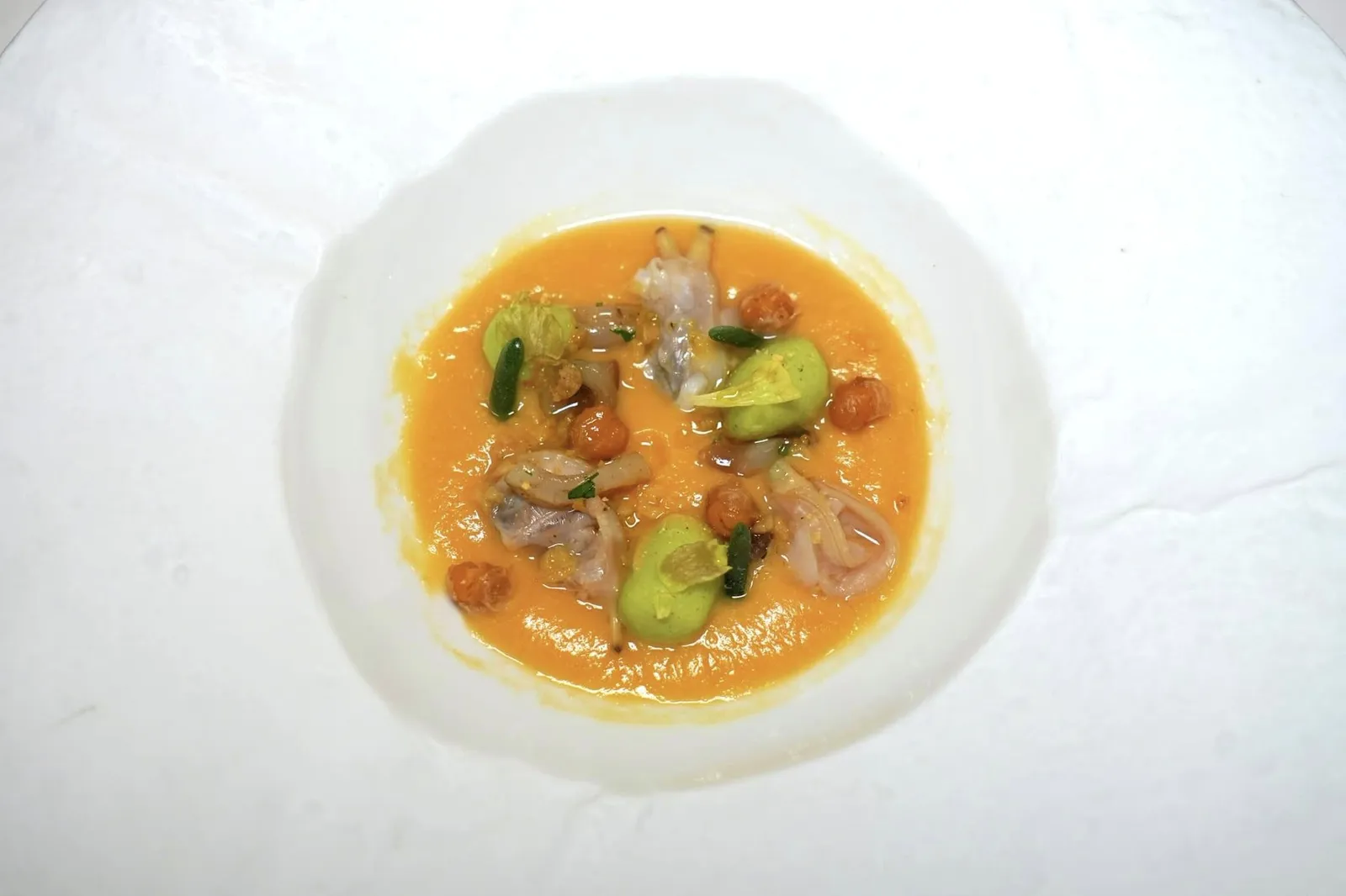 Controne chickpeas cream with clams, celery gnocchi and cod tripes ถั่ว Chickpeas จากเมือง Controne เตรียมมาในรูปแบบของครีม อย่างไรก็ตามไฮไลท์ของจานคือการเชื่อมกันของเนื้อสัมผัสที่แตกต่างกันจาก 3 องค์ประกอบคือหอยลายคุณภาพดีให้ความนุ่มแต่ยังคงแฝงด้วยความหนึบเพียงเบา ๆ ถัดมาคือกระเพาะปลาค็อดนุ่ม ๆ และสุดท้ายคือ Gnocchi ที่ได้สีเขียวมาจาก Celery ให้เนื้อสัมผัสที่เคี้ยวหนึบมากที่สุด (19/20)