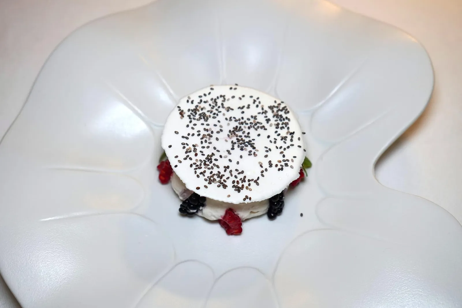 Delicious with tonka bean and seasonal fruit Chip หรือแผ่นกรอบเตรียมมาจาก Tapioca และ Quinoa โรยด้วยงาดำ ภายใต้มี Red Fruit Sorbet รสเปรี้ยวรายล้อมด้วย Chantilly Cream ที่มีความหอมมันของถั่ว Tonka Bean จับคู่กับรสชาติของผลไม้ตามฤดูกาลหลากหลายชนิด (16/20)