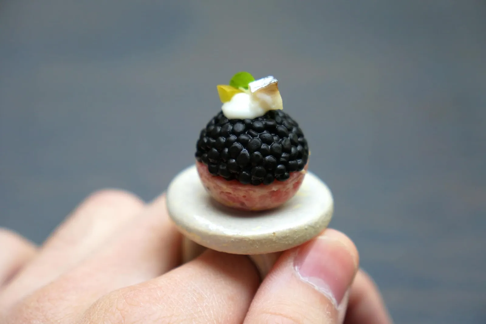 Amuse-bouche Veal tartare with Herring caviar ทาทาร์เนื้อลูกวัวที่ผ่านการสับละเอียดจนเนื้อเนียน ด้านบนทอปด้วยไข่ปลาแฮริงและเนื้อปลาหั่นเต๋าเป็นชิ้นเล็กๆ ทานแล้วจะได้ความนุ่มของทาทาร์ลูกวัวเสริมด้วยรสและกลิ่นของมัสตาร์ดเพียงเบาๆตัดกับความเค็มอุมามิของไข่ปลาอีกทีหนึ่ง เนื้อปลาที่ใส่มาให้มิติทางเนื้อสัมผัสที่ดีเทียบกันกับความนุ่มของทาทาร์คำนี้บอกเลยว่าน้ำตาแทบไหลเลยจริงๆ (20/20)