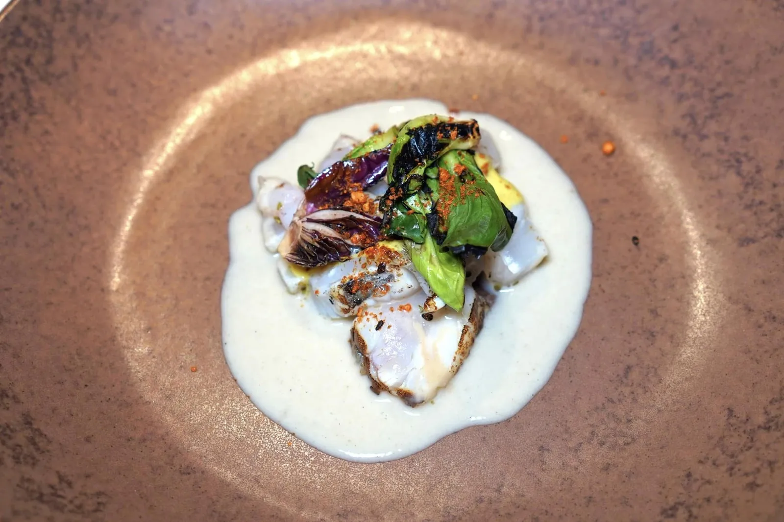 GRILLED FISH..... grilled squid broth, grilled radicchio, iodized juice มาถึงเมนูที่มีชื่อเรียบง่ายมาก ๆ อย่างปลาย่างหลากหลายชนิดอย่างเช่น Sea Bass, Turbot, Amberjack รวมไปถึงปลาหมึกที่ผ่านการย่างเพียงชั่วขณะจนเกิดความแตกต่างและมิติทางเนื้อสัมผัส ด้านบนท็อปด้วยพริกญี่ปุ่น Tōgarashi และผัก Radicchio จากเมือง Treviso ย่างจนกรอบและมีรสขมเล็กน้อยเพื่อเบรคความมันและครีมมี่ของซอสสีขาวที่เตรียมขึ้นมาจากหมึกย่างนั่นเอง (18/20)