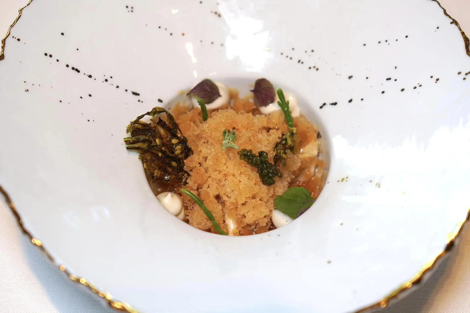 OYSTER and sea granita and seaweed ในจานยังมีครีมสีขาวอ่อนที่เตรียมมาจากหอยนางรมเช่นกัน ด้านบนท็อปด้วยสาหร่ายหลายชนิดเช่นสาหร่ายพวงองุ่นและสาหร่าย Salicornia (20/20)