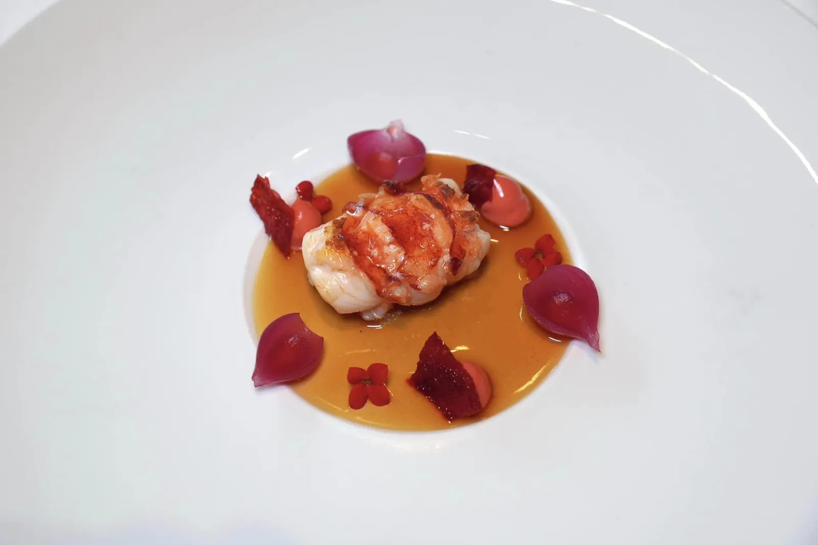 Roasted and peeled LOBSTER, grilled pepper juice หนึ่งในเมนู Classic Dish ประจำร้านคือกุ้งล็อบสเตอร์ที่เชฟตั้งใจคัดเฉพาะเนื้อฝั่ง 3/4 ของลำตัวนับจากส่วนหัวนำไปย่างจนสุกพอดี เนื้อล็อบสเตอร์มีความเด้งสู้ฟันแต่ไม่เหนียว ทั้งยังให้รสชาติหวานนิด ๆ ด้านล่างรองด้วยซอสที่เตรียมขึ้นมาจากพริกหวานย่างให้รสชาติขมเบา ๆ และอโรมาที่หอมโดดเด่น ข้าง ๆ กันคือหัวหอมแดงซึ่งเป็นหนึ่งในสินค้าขึ้นชื่อของพื้นที่แถบนี้ เชฟนำไปดองจนให้เนื้อสัมผัสที่กรอบพอดีตัดกันกับความเด้งของเนื้อล็อบสเตอร์ได้อย่างไร้ที่ติ (20/20)