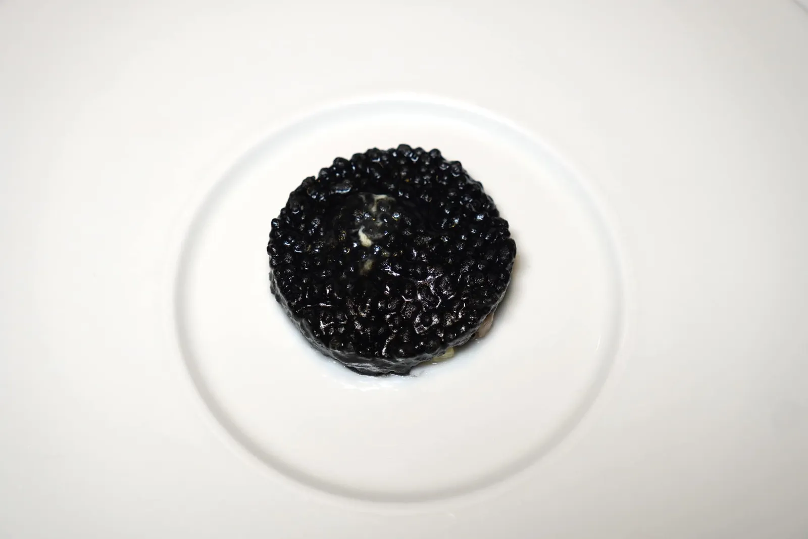 Le Lenticchie sono meglio del Caviale Lentils are better than caviar คอร์สนี้เชฟตั้งใจนำเสนอวัตถุดิบหลักที่คนมองข้ามอย่างถั่วเลนทิลแทนที่วัตถุดิบราคาสูงอย่างคาเวียร์ เชฟนำถั่วเลนทิลมาทำเป็นแป้งพาสต้าแล้วปั้นมาเป็น Fregola ซึ่งเป็นพาสต้าทรงกลมจิ๋ว เชฟนำไปต้มกับน้ำสต๊อกของปูม้าและกั้งจนให้เนื้อสัมผัสนุ่มหนึบก่อนจะนำมาคลุกเคล้ากับดีหมึกจนให้สีดำ ด้านล่างรองด้วยปลาไหลเผา ครีมปลาไหล และ Grapefruit Extracts เติมแต่งความซิตรัสให้ตัดกันกับอโรมาของดีหมึก (18/20)