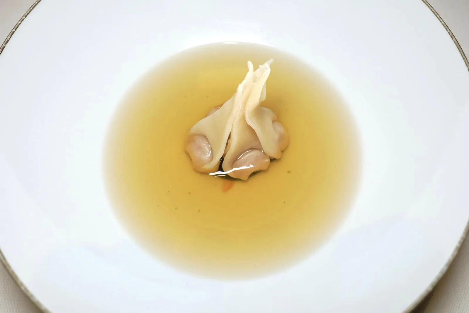 Tortellini o Dumplings? Tortellini or Dumplings? จานนี้เชฟผสมผสานพาสต้า Tortellini ของอิตาลีเข้ากันกับเกี๊ยว Dumplings ของจีนได้อย่างลงตัว ด้านนอกคือเกี๊ยวที่เตรียมมาจากน้ำเปล่าและแป้งให้เนื้อสัมผัสนุ่มหนึบพอเหมาะ ด้านในเป็นไส้ Tortellino ของเมือง Modena เตรียมมาจาก Proscuitto Crudo, Mortadella และ Parmigiano Reggiano ให้รสชาติเข้มข้น หอม เค็มเบา ๆ กลมกล่อมมาก ๆ ด้านล่างรองด้วยครีมที่เตรียมมาจากสาหร่าย จากนั้นพนักงานจะเทราด Capon Broth ในสไตล์ของ Modena ดั้งเดิมซึ่งเป็นซุปใสอุ่น ๆ ที่เตรียมมาจากไก่ตัวผู้ให้รสชาติที่กลมกล่อมเข้ากันกับครีมสาหร่ายได้อย่างไร้ที่ติ (19/20)