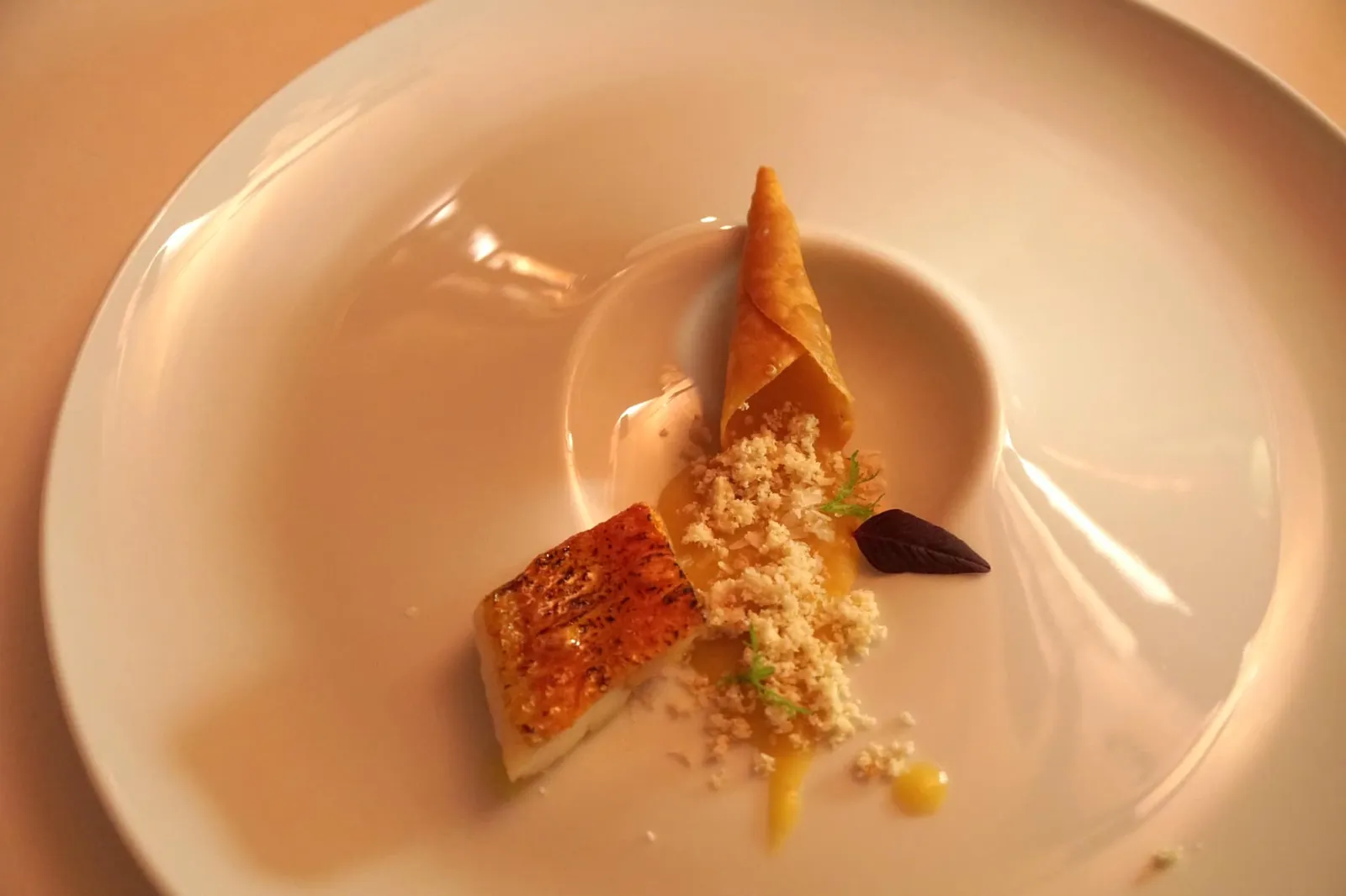 Take XV Red mullet / Cashew / Manioc ถัดมาเป็นหนึ่งจานเด็ดของร้านที่ผสมผสานอาหารสองสัญชาติเข้าด้วยกัน เริ่มจากปลาเรดมัลเล็ทพื้นเมืองของโปรตุเกส ตัวปลาทำออกมาได้ดีมาก เนื้อเเน่น เเต่ข้างในนุ่ม ไม่เเข็งทานกับโคนกรอบที่เหมือนกับมีซอส Manoic สีเหลืองสไตล์บราซิลหกออกมา ข้างบนคือเมล็ดมะม่วงหิมพานต์บดและ tapioca ตัดเนื้อสัมผัสกับปลาได้อย่างดี (16/20)