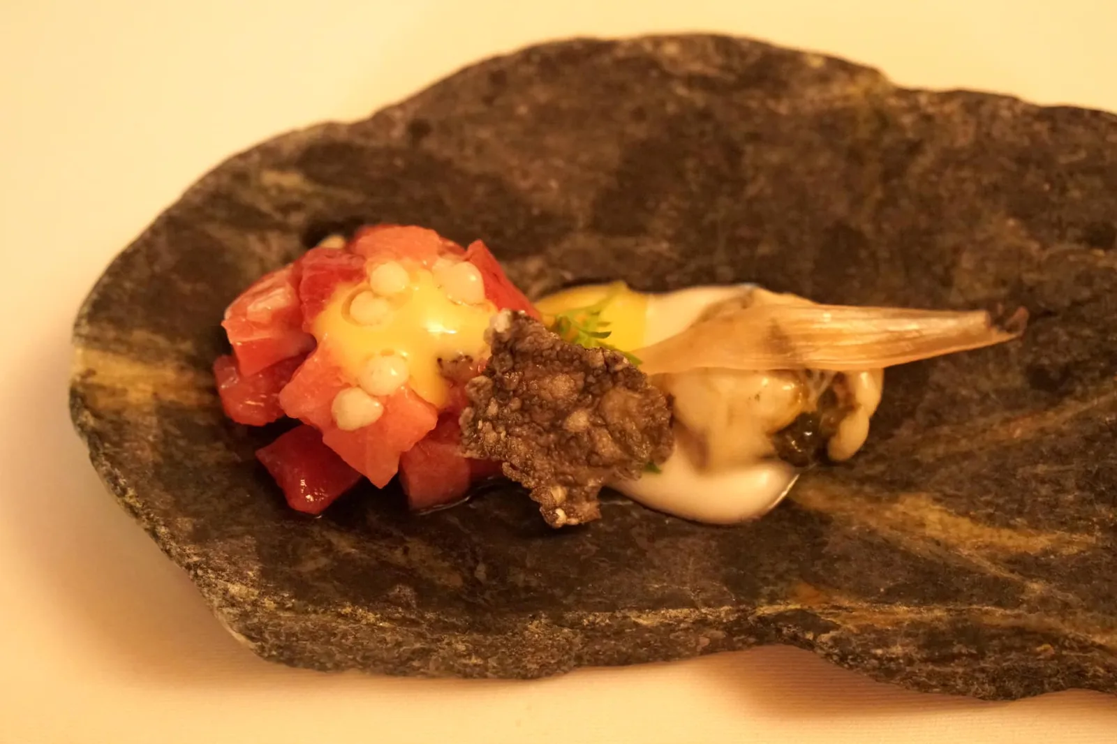 Take VIII Oyster / Tuna อีกจานนำเสิร์ฟพร้อมกันกับสองจานก่อนคือทาทาร์ทำจากปลาทูน่าน้ำลึก ทานกับหอยนางรมสดๆ และแผ่นกรอบตัดเนื้อสัมผัสกันกับปลาทูน่าได้อย่างดี (16/20)