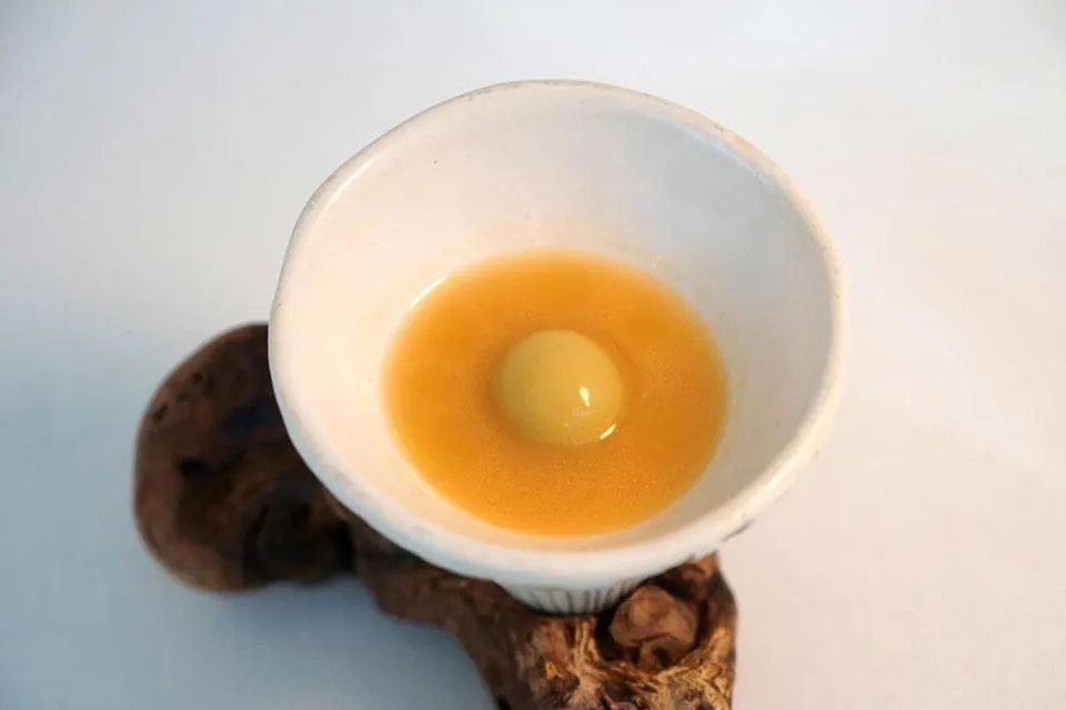 Amuse-bouche agua de ensalada อาหารเรียกน้ำย่อยจานเเรกคือ Water salad ทานเข้าไปเคี้ยวเเล้วลูกกลมๆสีส้มจะเเตกระเบิดออกในปาก รสชาติเหมือนน้ำสลัด (14/20)