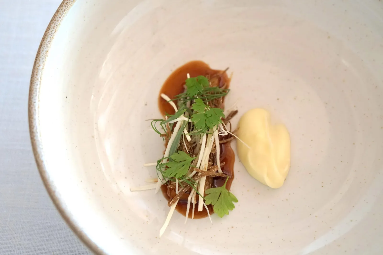 Anised parsnip จานนี้คือ Chirivía y anisados เป็นพาสนิปฝานมาเป็นเส้นสีขาวๆ ทานกับซอสรสชาติเข้มข้นทำจากโป๊ยกั๊กเเละทรัฟเฟิลฝานมาบางๆ ครีมข้างๆเนื้อเนียนทานสลับกัน จานนี้ไม่มีอะไรว้าวมากนัก เเละน่าเสียดายที่กลิ่นของทรัฟเฟิลยังไม่ค่อยออกสักเท่าไหร่ (14/20)
