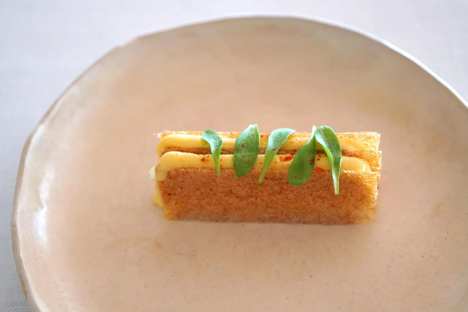 Smoked yogurt, corn and chili millefeuille ปิดท้ายด้วย Milhojas de maíz y yogur ahumado มิลเฟยหรือเค้กชั้นเเบบพิเศษของทางร้านไม่ได้ทำออกมาเหมือนอย่างฝรั่งเศส ที่นี่ทำแป้งบางได้กรอบ ข้างในสอดไส้ครีมข้าวโพด ข้างบนโรยด้วยพริกป่นให้รสเผ็ดเบาๆ (14/20)