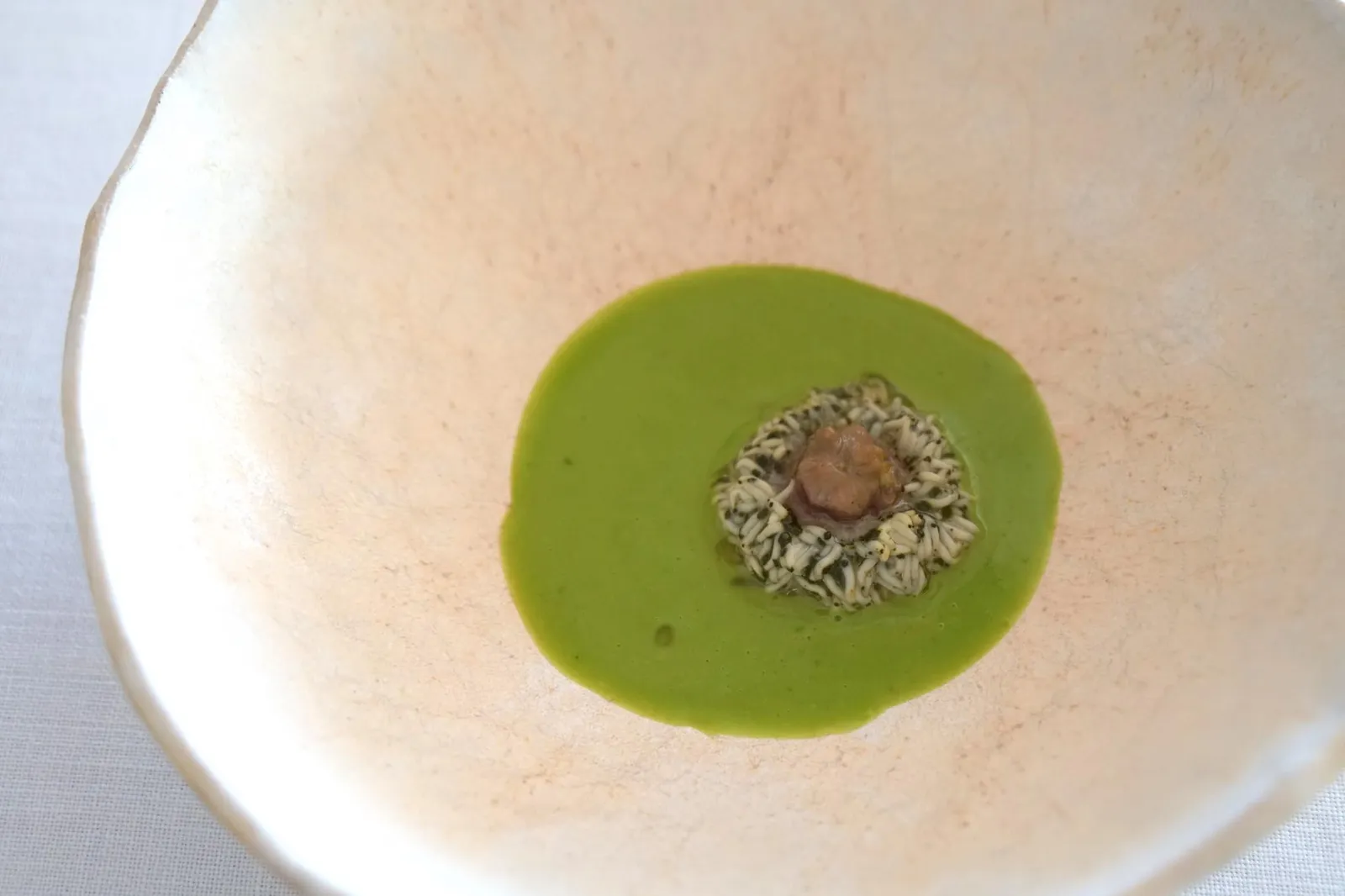 Sea anemone with green sauce ถัดมาคืออาหารแปลกอย่าง Ortiguilla con salsa verde หรือดอกไม้ทะเลที่นำไปกงฟี ทานกับซอสสีเขียวทำจาก Chive หรือลูกกระเทียม มีส่วนผสมของเชอรี่ไวน์ และน้ำสกัดจากหอยกาบ ดอกไม้ทะเลมีเนื้อสัมผัสที่มีเอกลักษณ์เฉพาะตัว (มากๆ) เนื้อสัมผัสนุ่ม เหลวคล้ายเจลลี่ เเต่เคี้ยวไม่หนึบเท่า ทานเเล้วคล้ายจะละลายในปาก ซอสสีเขียวรสชาติกลมกล่อมดีทีเดียว มีกลิ่นของทะเลลอยเเตะจมูกทันทีที่นำเข้าปาก (ราวกับไปยืนอยู่ริมหาดเเล้วหายใจเข้าเเรงๆเลยทีเดียว) สำหรับเราถือว่าเชฟจัดการกับวัตถุดิบแปลกๆออกมาได้ดีมาก เเต่ขอบอกเลยว่าอาหารจานนี้ไม่ใช่ของโปรดสำหรับทุกคน (14/20)