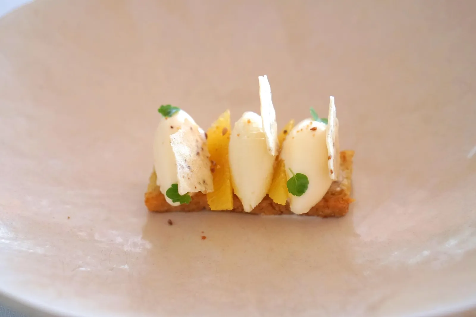 Orange, orange blossom and Algarrobo cake จานถัดมาคือ Naranja, azahar y torta de Algarrobo หรืออัลกาโรโบเค้ก ซึ่งเป็นเค้กพื้นบ้านที่มีถิ่นกำเนิดมาจากเมือง Málaga ในเเคว้น Andalucia ตัวเค้กทำมาจากน้ำมันมะกอก ข้างบนคือไอศกรีมรสเปรี้ยวหวานทำมาจากดอกส้ม มีกลิ่นหอมส้มมากๆ ขนาบข้างด้วยผลส้ม ทอปด้วยไวท์ช็อกโกแลต ผงโป๊ยกั๊ก และเมล็ดที่นำไปคาราเมลไลซ์จนหวาน (15/20)