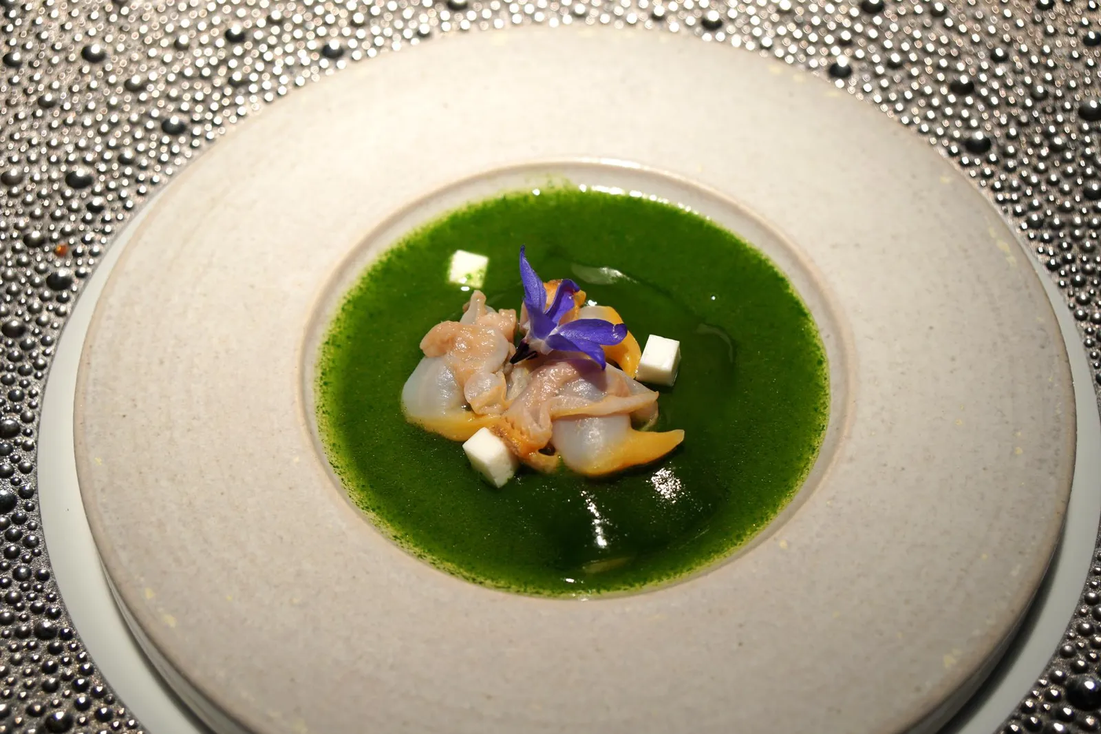 Our version of HAKE in green sauce with cockles and galangal มาถึงจุดนี้ใครที่ทานอาหารไม่มากคงจะต้องเริ่มอิ่มกันบ้าง แต่ยังไม่จบ เพราะจานถัดไปคือ Merluza en salsa verde con berberechos y galanga เมนูนี้จัดเป็นอาหารพื้นบ้านคลาสสิคชื่อดังของสเปนอย่าง Cocochas (หรือ Kokotxas ในเเถบ Basque country) ในซอสเขียวหรือ Salsa verde ที่ถูกเชฟนำมาตีความเสียใหม่จนสามารถนำเสิร์ฟมาเป็นอาหารจานหรู องค์ประกอบสำคัญคือปลาเฮกเนื้อนุ่มที่ซ่อนตัวอยู่ด้านล่างของแผ่นสีเขียวทำมาจากใบพาสลีย์ ทอปด้านบนด้วยหอยที่เตรียมมาอย่างดีไม่มีกลิ่นคาว สี่เหลี่ยมสีขาวข้างๆกันคือข่าที่เเม้จะถูกหั่นเป็นชิ้นเล็กๆเเต่กลับช่วยเพิ่มความสดชื่นให้กับจานได้อย่างดี ความกรุบของเนื้อหอยตัดกับความนุ่มของเนื้อปลาได้อย่างดี แผ่นเขียวสีเขียวมีกลิ่นที่ไม่แรงจนเกินไป ถือเป็นจาน Cocochas ที่ดีที่สุดจานหนึ่งเท่าที่เราเคยทานมาเลยก็ว่าได้ (18/20)