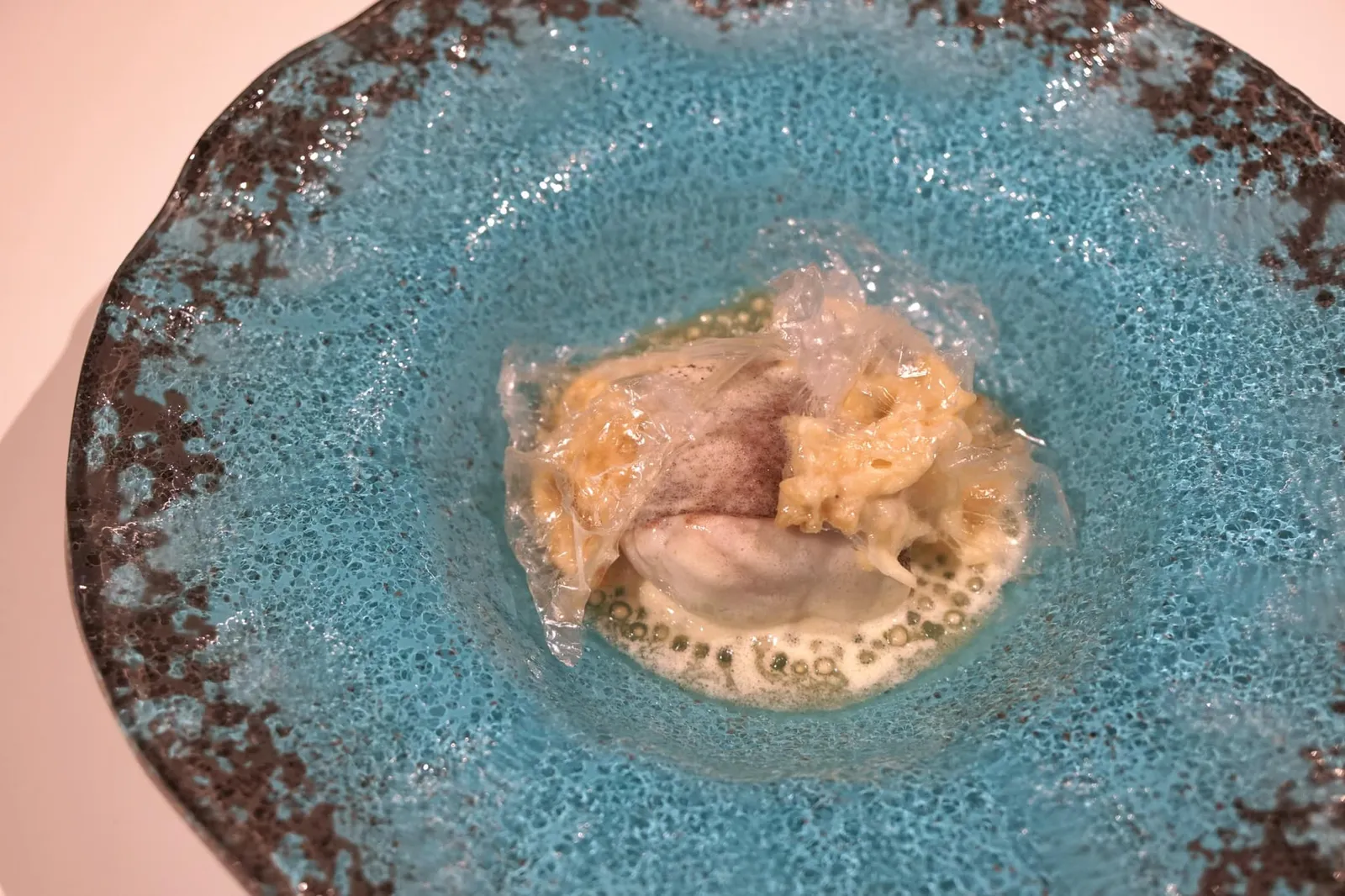 Haddock in plastic. ถัดมาคือจานที่เชฟ Quique ได้รับบันดาลใจมาจากปัญหามลพิษที่เกิดขึ้นในท้องทะเลอย่างขยะพลาสติค เเละต้องการสะท้อนออกมาให้กับนักชิมได้รับรู้ ปลาแฮดด็อกเนื้อนุ่ม เสิร์ฟมากับสาคูห่อด้วยพลาสติคจำลองทานได้ทำจากแป้งมันฝรั่ง จานนี้เเม้ว่าเนื้อปลาจะทำออกได้ดี นุ่ม เด้ง เเต่การเสิร์ฟใาให้ทานคู่กับสาคูหนึบและพลาสติคปลอมโดยไม่มีรสชาติอื่นใส่เพิ่มเติมเข้ามาทำให้รสชาติโดยรวมของจานค่อนข้างจืด นอกจากนี้ความหนึบเหนียวของสาคูยังมาดึงเนื้อสัมผัสความเด้งของปลาให้ลดลง อย่างไรก็ตามด้วยเทคนิคการปรุงชั้นสูงประกอบกับรสชาติโดยรวมถือว่าไม่แย่ เเต่ไม่ดีพอสำหรับห้องอาหารระดับ 3 ดาวมิชลิน (15/20)