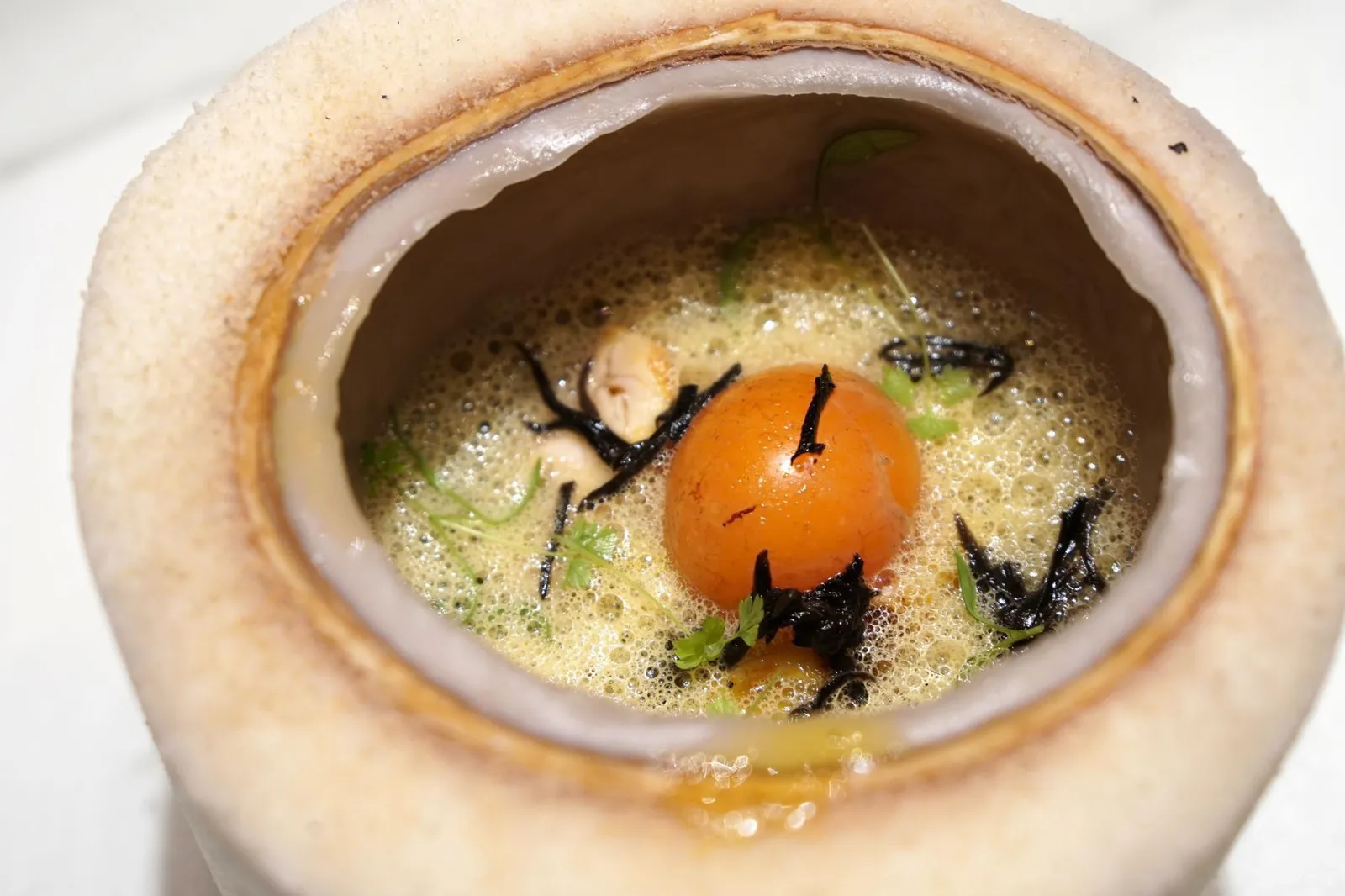 STEAMED FOIE RAMEN, GUINEA FOWL'S BONES SOUP EMULSIFIED WITH ITS FOIE AND ROASTED YOLK. เชฟให้เริ่มทานจากฟัวส์ก่อน ตามด้วยทีเด็ดของจานคือไข่ไก่ย่างทรงกลมเมื่อกัดเเล้วไข่เเดงจะเเตกระเบิดออกมาในปาก น้ำซุปราเมงรสชาติออกเค็มเล็กน้อย มีกลิ่นหอมของมะพร้าวเจือปนมาเบาๆ เส้นราเมงอยู่ในเกณฑ์พอใช้ได้ โดยรวมถือว่าทำออกมาได้ดี เเต่เทียบกับจานอื่นๆเเล้วถือว่ายังเทียบชั้นกันไม่ได้ (17/20)