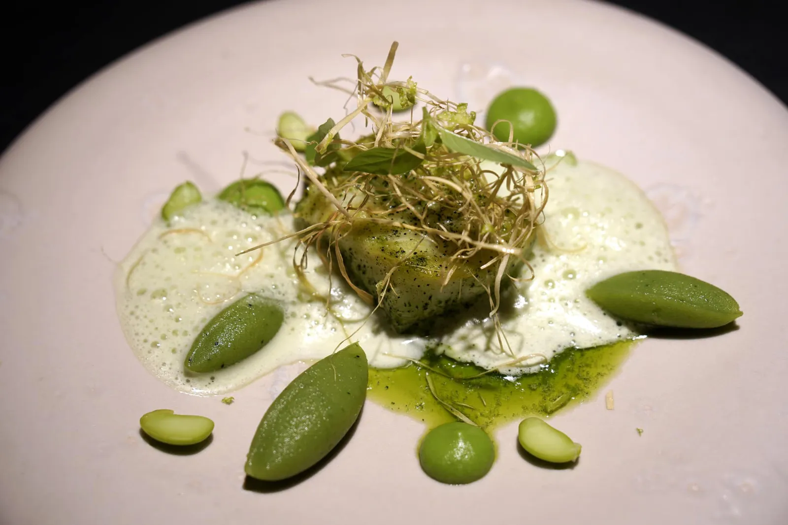 Brill - plankton จานนี้คือเนื้อปลา Brill ซึ่งเป็นปลาในกลุ่มปลาเทอร์บอท เชฟนำไปอบจนนุ่ม ด้านบนคือ Shiro kombu หรือสาหร่ายขาวเพิ่มความกรอบให้กับจาน เชฟเสิร์ฟให้ทานกับแพลงก์ตอนที่ถูกนำไปใส่เเต่องค์ประกอบในจานที่เเตกต่างกัน โดยปกติแล้วแพลงก์ตอนเป็นวัตถุดิบจากทะเลที่มีรสเเละกลิ่นเฉพาะตัว การนำมาเป็นองค์ประกอบในการทำอาหารนั้นถือว่าค่อนข้างเสี่ยงพอสมควร สำหรับเวอร์ชั่นของ Cuchara เชฟนำแพลงก์ตอนไปผสมกับ Mashed potato, ซอส Beurre blanc sauce และครีมถั่ว รสเเละกลิ่นของแพลงก์ตอนถูกแทรกเอาไว้เบาๆในแต่ละองค์ประกอบในจานเเต่ไม่มากจนเกินไป ทานกับเนื้อปลาช่วยให้มีกลิ่นอายของทะเลมากยิ่งขึ้น (17/20)