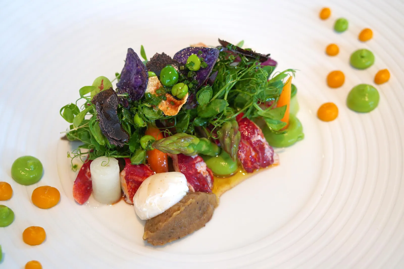Vegetable Garden with Lobster (48 €) Olive Cracknel, Poached Quails Egg เนื้อกุ้งสุกเพอร์เฟค มีเนื้อสัมผัสเด้ง นุ่ม ทานกับผักต่างๆเข้ากันได้ดี พูเรสองสีให้รสหวานเบาๆที่เเตกต่างกัน ไข่นกกระทาถูก poached จนสุกพอดี ตัดออกมาจะพบกับไข่แดงไหลเยิ้มดูน่าทานสุดๆ (18/20)