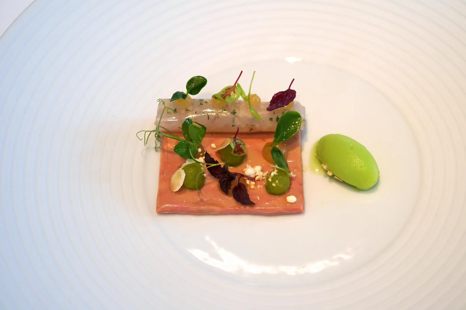 Prawns and Foie Gras (48 €) Limes Oil, Ginger Jelly สำหรับอาหารเรียกน้ำย่อยจานแรกคือฟัวกราส์เนื้อเนียนละมุนเสิร์ฟมาเป็นเเผ่นสี่เหลี่ยม ทานคู่กับองค์ประกอบสีใสด้านบนเป็นเจลลี่ขิงและมะนาวพันม้วนเป็นทรงกระบอก ด้านในสอดไส้ด้วย Prawn Tartare ข้างกันคือ เราลองตักฟัวกราส์ทานอย่างเดียว พบว่ามีเนื้อเนียนล ละมุนใช้ได้ ส่วนรสชาติออกไปทางหวานครีมปนรสขมนิดๆ ตอนเเรกตั้งใจว่าจะให้คะเเนนอาหารจานนี้อยู่ที่ราวๆ 17-18 แต่พอตักฟัวกราส์ทานพร้อมกันกับทาทาร์เนื้อกุ้งเเละเจลลี่เเล้วก็ต้องร้องว้าวออ