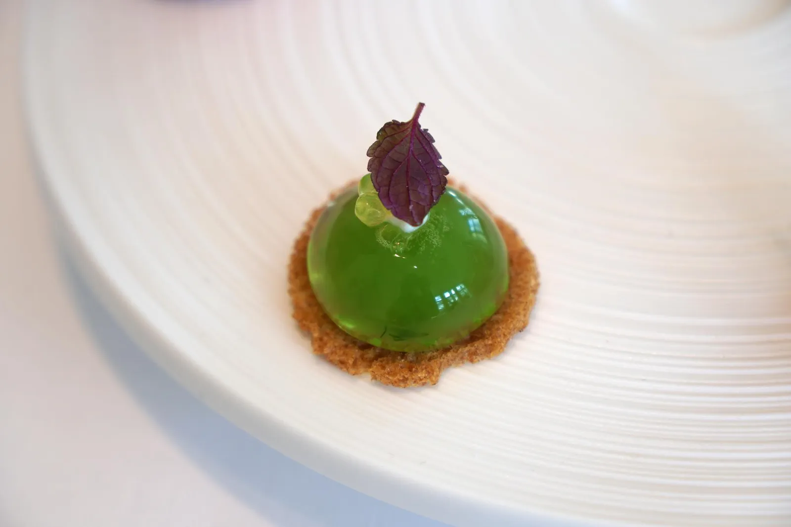 Les Délices Chip with Cucumber Sphere ขนมปังกรอบ ด้านบนคือสเฟียร์ทรงกลมและคาเวียร์ขนาดจิ๋วทำมาจากเเตงกวา ตัวสเฟียร์เมื่อกัดเเล้วจะเเตกออกในปากพร้อมกับน้ำเเตงกวาช่วยเรียกความสดชื่น (17/20)
