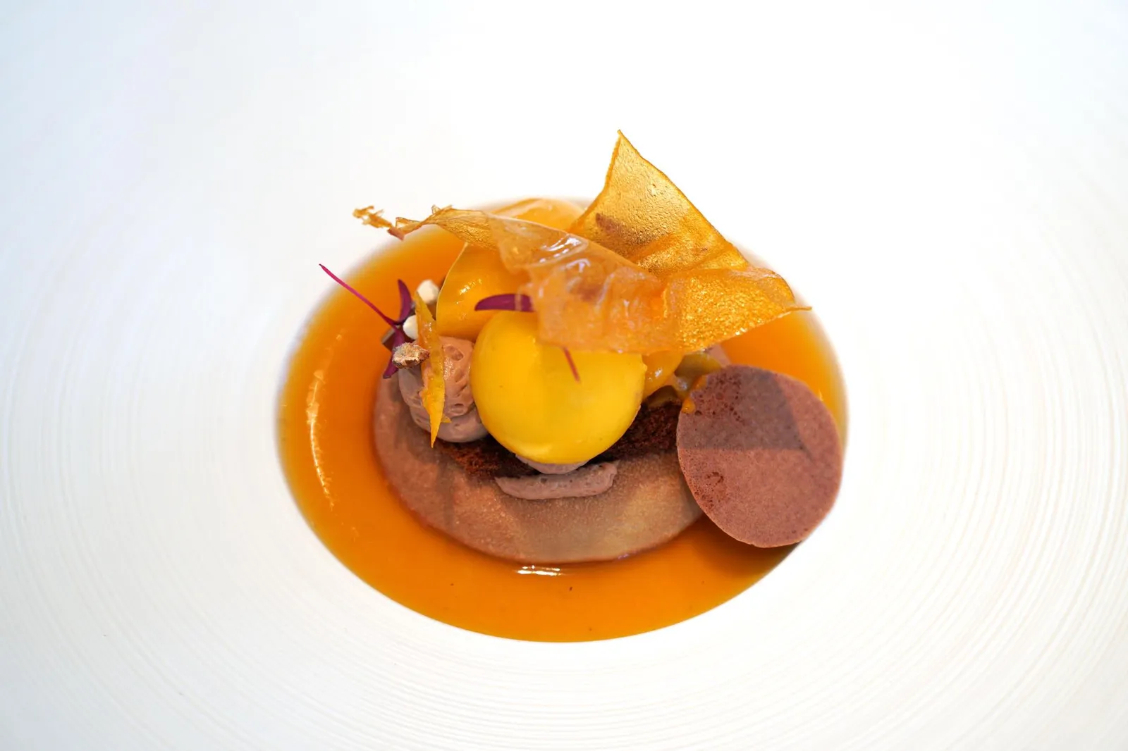 Crémeux of Milk Chocolate (€ 24) Mango, Coffee สุดท้ายคือครีมูทำมาจากมิลค์ช็อกโกแลต เสิร์ฟกับช็อกโกแลตพาเฟ่ต์ ข้างกันคือซอเบท์มะม่วงเเละซอเบท์เสาวรส น้ำซอสด้านล่างก็ทำมาจากเสาวรสเช่นกัน รสหวานของมะม่วงตัดกันกับรสเปรี้ยวของเสาวรสได้อย่างดี นอกจากนี้รสขมของกาแฟยังช่วยชูรสเเละกลิ่นของมิลค์ช็อกโกแลตให้เด่นมากยิ่งขึ้น (19/20)