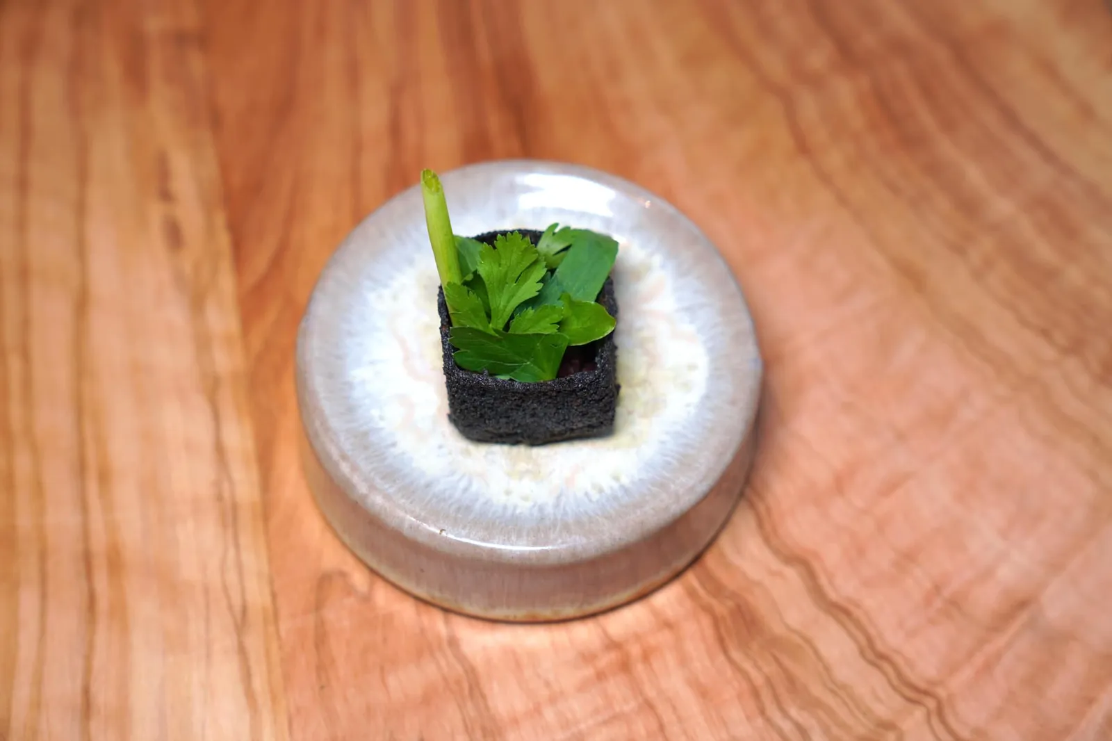Amuse Bouches Abend Bread ขนมปังกรอบที่ได้สีดำจากผงถ่าน ด้านในบรรจุ Black Pudding หรือไส้กรอกหอม ๆ รสชาติเข้มข้น ด้านบนท็อปด้วยใบไม้สมุนไพรต่าง ๆ หลายชนิดจากสวนหน้าร้าน (19/20)