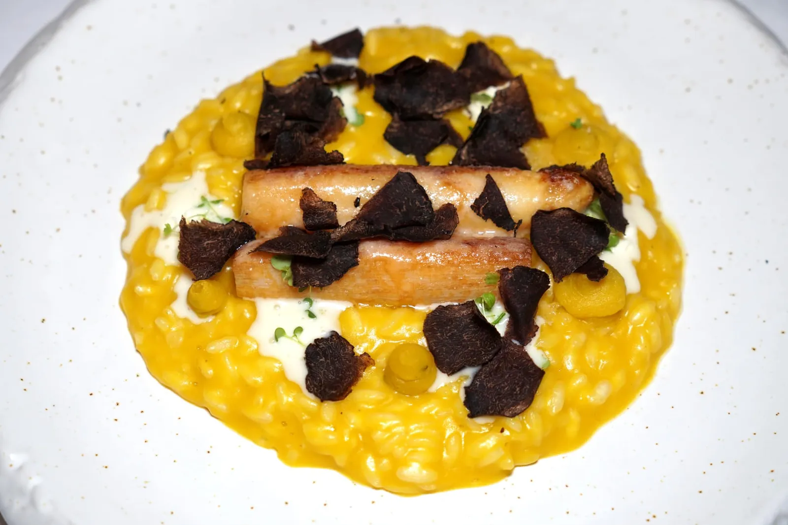 RISOTTO CARNAROLI (550++) Pumpkin - Black Truffle - White Asparagus - Hazelnut Carpaccio Risotto alla Zucca หรือ “รีซอตโต้ฟักทอง” เชฟใช้ข้าวคานาโรลลี่หุงจนสุกพอดี มีความกรึบที่เมล็ดข้าวนิด ๆ ซอสฟักทองมีคสหวานกำลังดีไม่เด่นจนเกินไป สีขาวคือมูสทำจากชีสเพิ่มความหอมมัน ตรงกลางคือหน่อไม้ฝรั่งขาวนำเข้าจากอิตาลีซึ่งตอนนี้กำลัง In Season มีเนื้อสัมผัสที่เยี่ยมยอด ด้านบนโรยด้วยทรัฟเฟิลสไลด์บาง ๆ เชฟพิถีพิถันขนาดหาทรัฟเฟิลฤดูหนาวมาใช้แทนทรัฟเฟิลฤดูร้อนแม้จะเป็นปลายฤดูแล้วก็ตาม เราขอการันตีว่าทรัฟเฟิลฟักทองที่นี่ทำออกมาอร่อยที่สุดเท่าที่เคยทานมาในกรุงเทพ