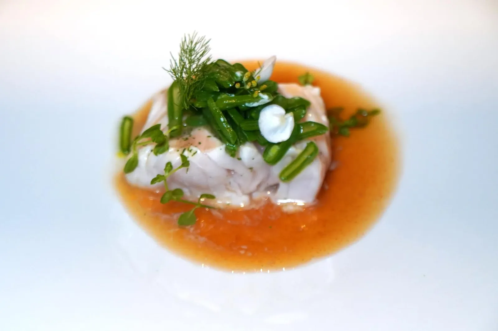 MAR (2020) FISH OF THE DAY wild green asparagus with Iberian and paprika sauce “มาร์” แปลว่าทะเล ในที่นี้เชฟเลือกใช้ปลา Hake ย่างจนสุกได้ที่ เนื้อสัมผัสนุ่มมาก ๆ เสิร์ฟมากับ Green beans ให้ความกรอบและเนื้อสัมผัสที่แตกต่างกันกับเนื้อปลา น้ำซอสด้านล่างทำมาจากหมูดำไอบีเรียเพื่อให้มีความหอมมันและปาปริก้าเพื่อให้มีรสเผ็ดบาลานซ์กันได้อย่างลงตัว (16/20)
