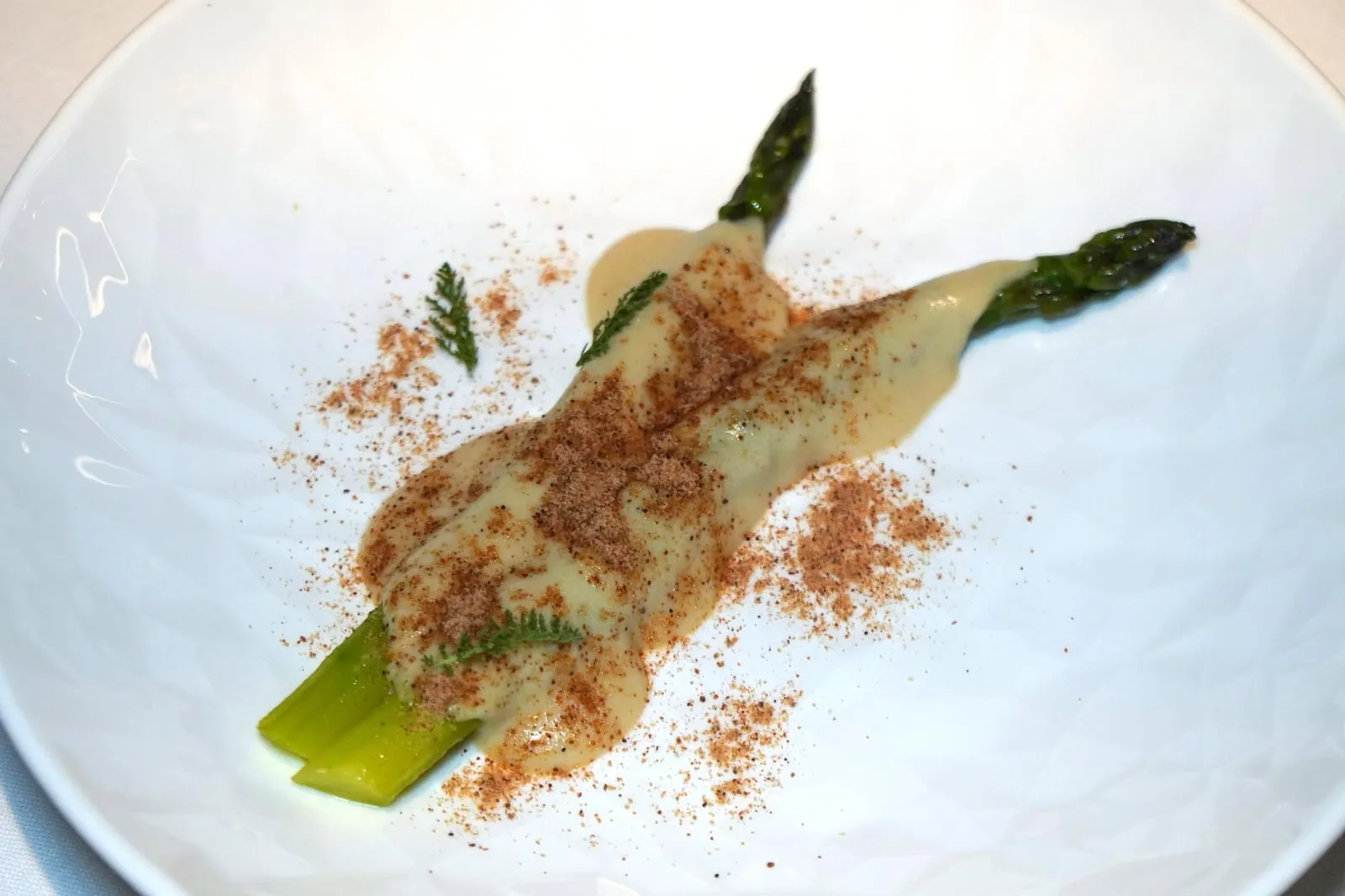 TIERRA (2021) GREEN ASPARAGUS PICKLED IN MISO cover of oyster cream and oyster powder “เทียร์ร่า” เป็นจานที่เชฟใช้หน่อไม้ฝรั่งดองในมิโสะขาวเพื่อให้มีกลิ่นหอม เนื้อสัมผัสกรอบนอกนุ่มในพอดิบพอดี จากนั้นเทซอสครีมทำมาจากหอยนางรมราดลงไปด้านบนรวมไปถึงผงสีน้ำตาลทำมาจากหอยนางรมเช่นกันให้กลิ่นหอยนางรมและความเป็นทะเลเด่นชัดแต่กลับไม่มีความคาวปนมาแม้แต่น้อย (16/20)