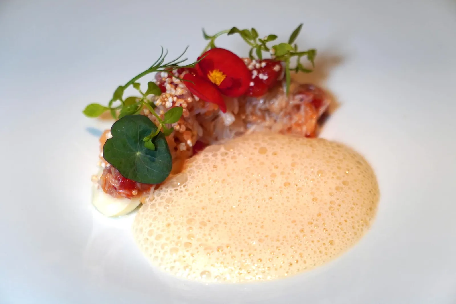 CAPARAZÓN (2021) SPYDER CRAB blackthorn cream, milk foam and flower of the environment ข้างกันคือโฟมที่ทำมาจากดาชิสูตรเฉพาะตัวของเชฟ เนื้อสัมผัสบาง เบา ทั้งยังมีองค์ประกอบของเนยย่างและมะนาวนิด ๆ ช่วยเบรคไม่ให้เกิดความเลี่ยน ถือเป็นอีกจานที่ทำออกมาได้อย่างไร้ที่ติในมื้อนี้ (20/20)