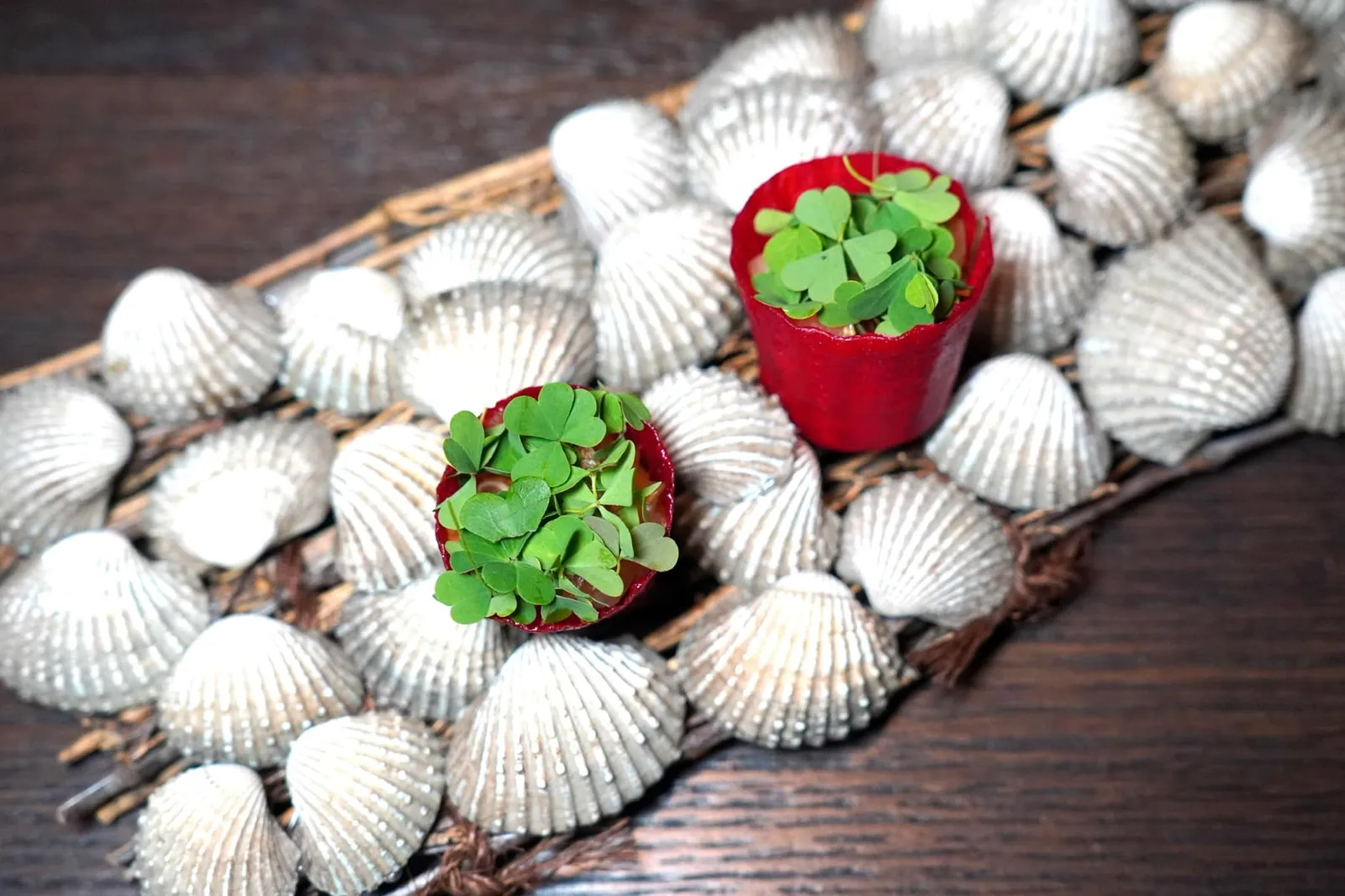 beautiful | blood clam / pomegranate / fermented chili / lily kimchi คอร์สนี้มีชื่อว่า Beautiful โดยเชฟอาศัยแรงบันดาลใจมาจากร้านอาหารที่จำหน่ายหอยแครงอยู่ในซอยเท็กซัส เริ่มจากการนำหอยแครงวางใส่มาในถ้วยกรอบสีแดง เสริมรสชาติด้วยซอสพริก ทับทิม สลัดหัวหอม กิมจิสูตรพิเศษ และใบ Oxalis สีเขียวดูตัดกันกับถ้วยสีแดงอย่างลงตัว อย่างไรก็ตามกลิ่นเฉพาะตัวของหอยแครงดูจะแสดงออกมาเด่นเกินองค์ประกอบอื่น ๆ อยู่พอสมควรโดยไม่มีตัวเชื่อมรสชาติและกลิ่นที่เหมาะสม (13/20)